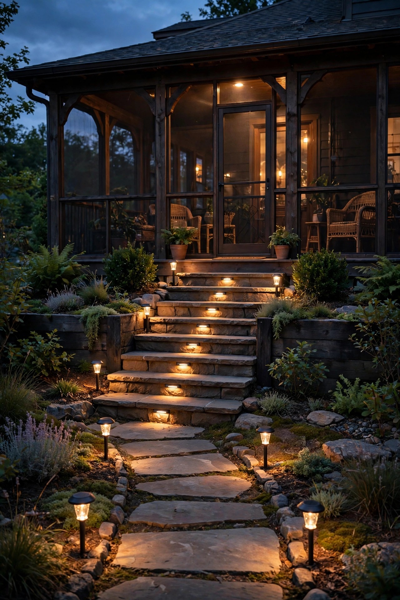 Warm solar path and step lights marking the steps up to a screened porch at dusk