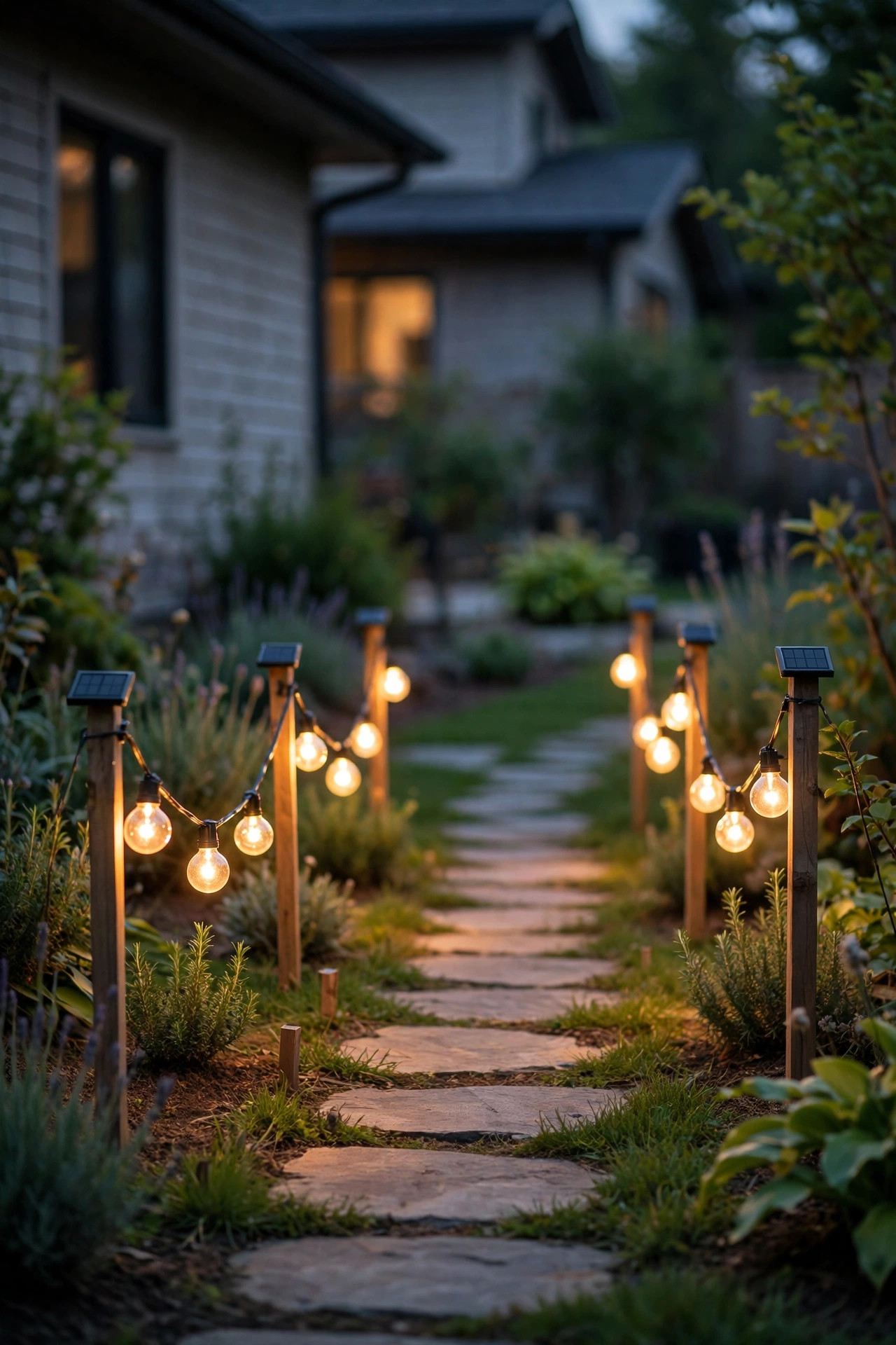 Solar string lights with warm globe bulbs swagged between short stakes along a backyard path