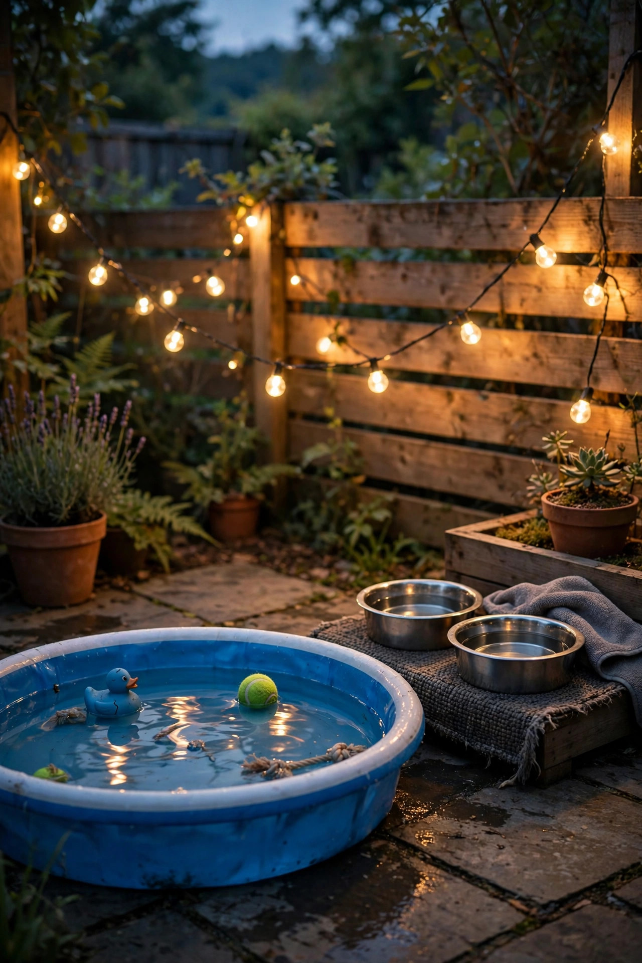 Waterproof warm lights glowing near a dog kiddie pool and water bowl station at dusk