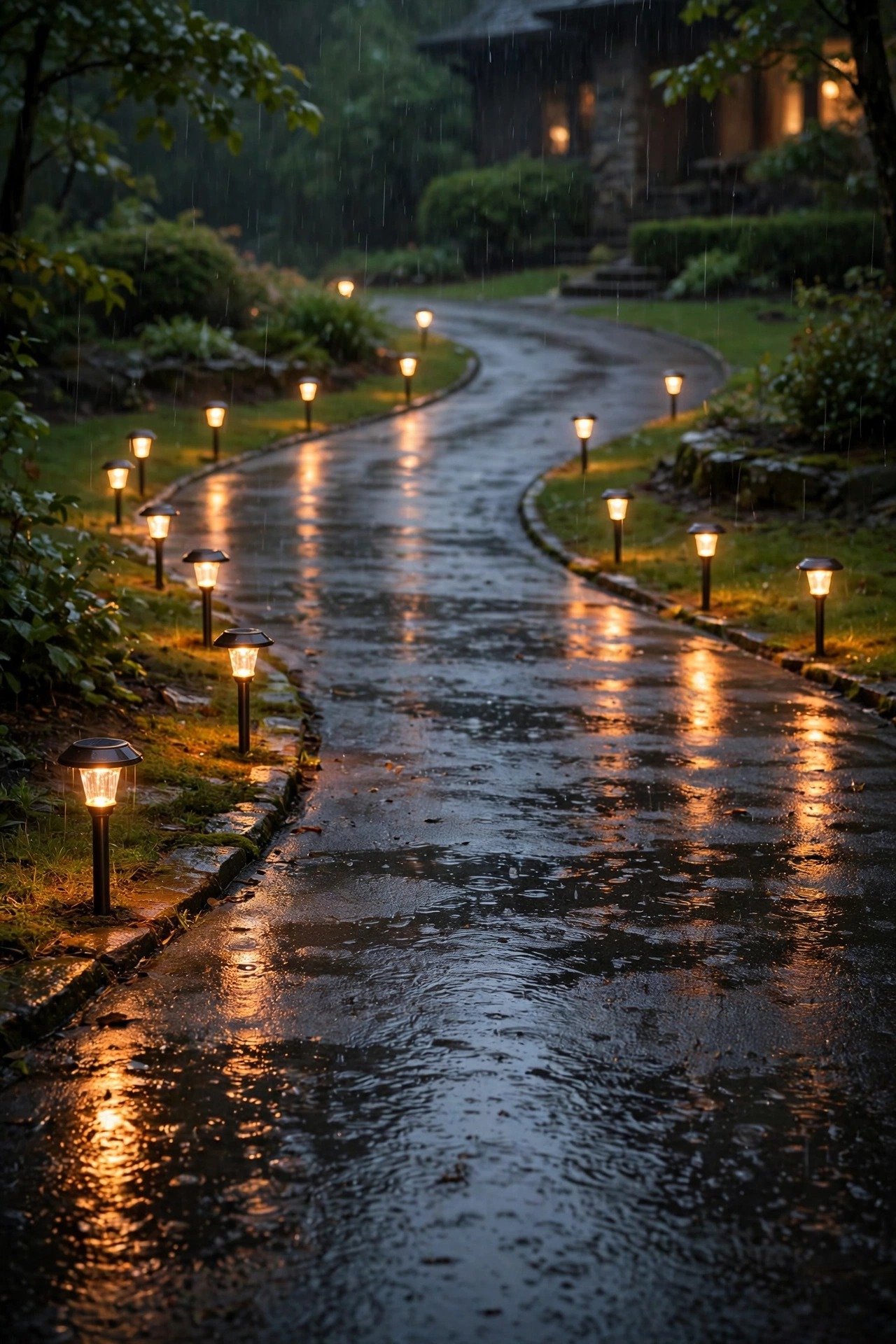 Staggered solar driveway lights lining both sides of a curved driveway on a rainy evening