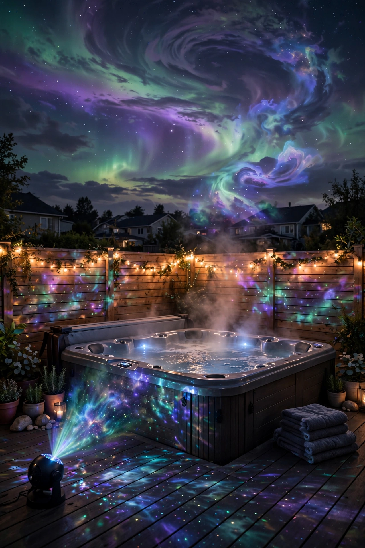 Aurora star projector casting drifting light patterns over a hot tub area at night