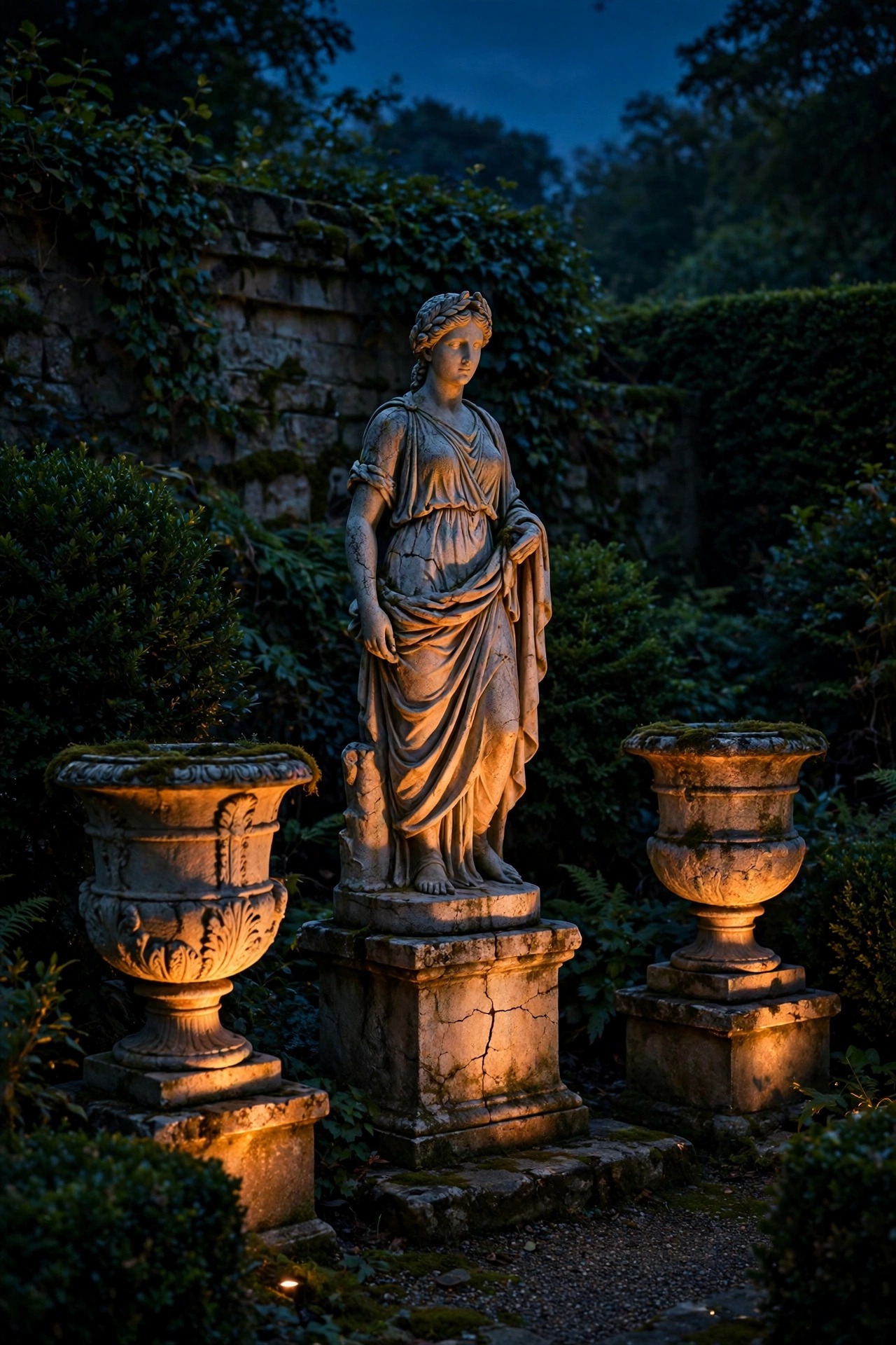A classic garden statue and stone urns softly uplit at night in a luxury garden, narrow warm beams revealing texture against dark foliage