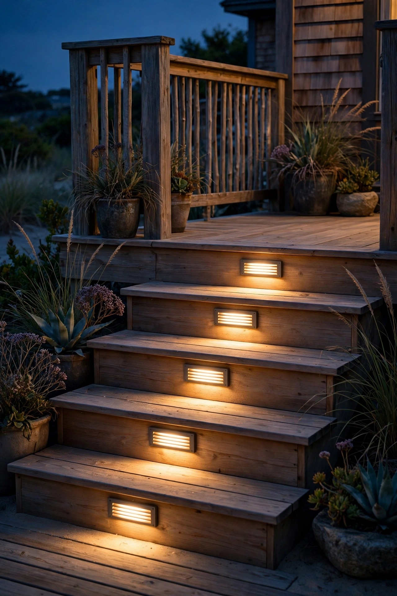 Louvered step lights washing warm light over wooden beach house patio steps at night