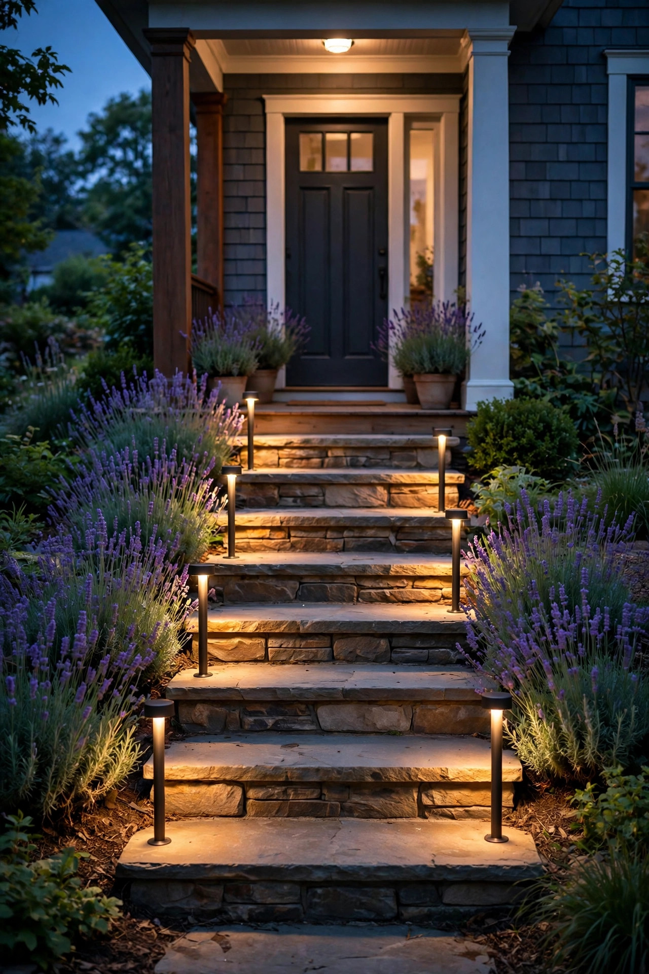 Path lights matched to step height beside lavender plantings flanking front porch steps in the evening