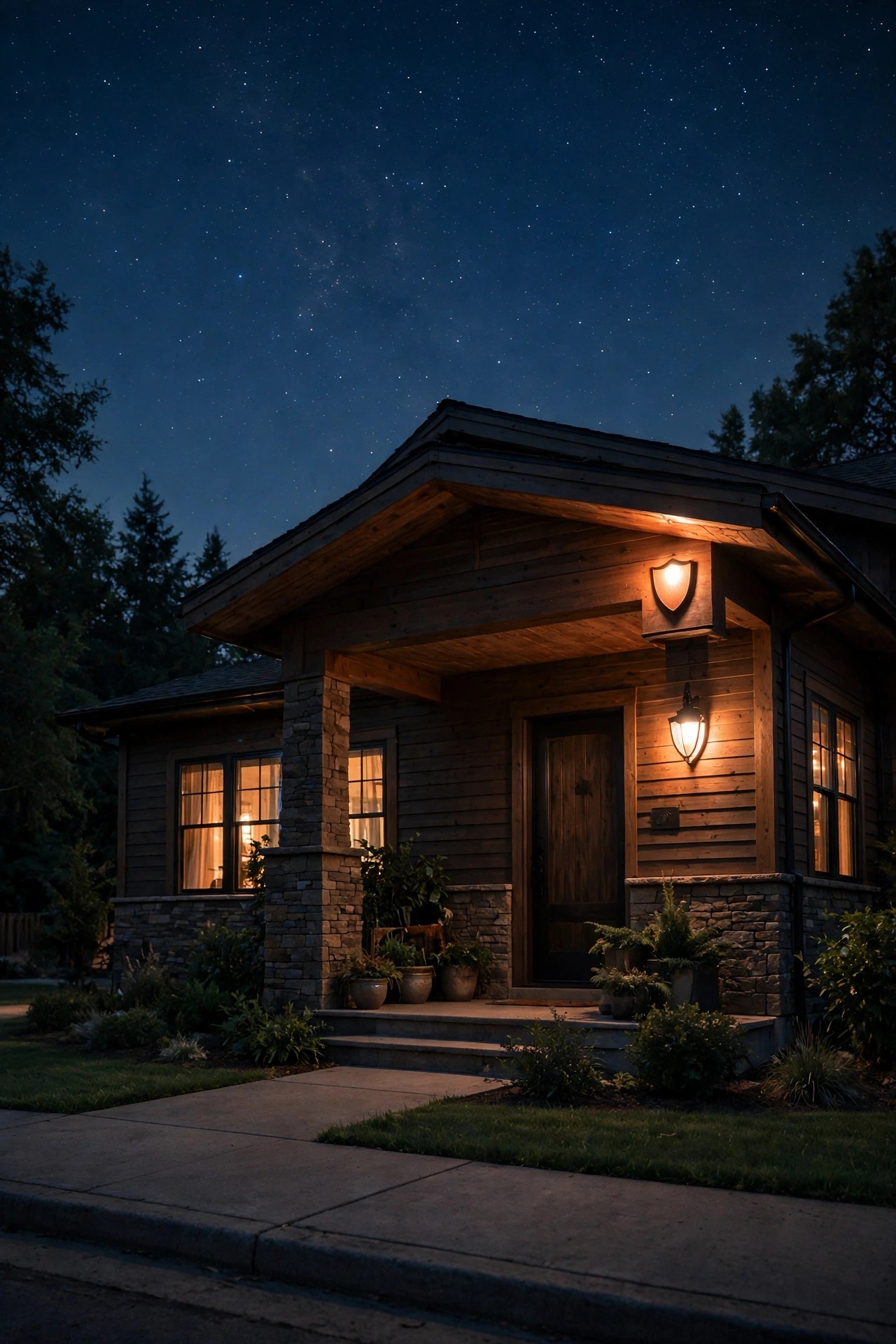 View from the sidewalk of a home at night with a shielded warm porch glow, no visible bare bulbs and a starry sky above