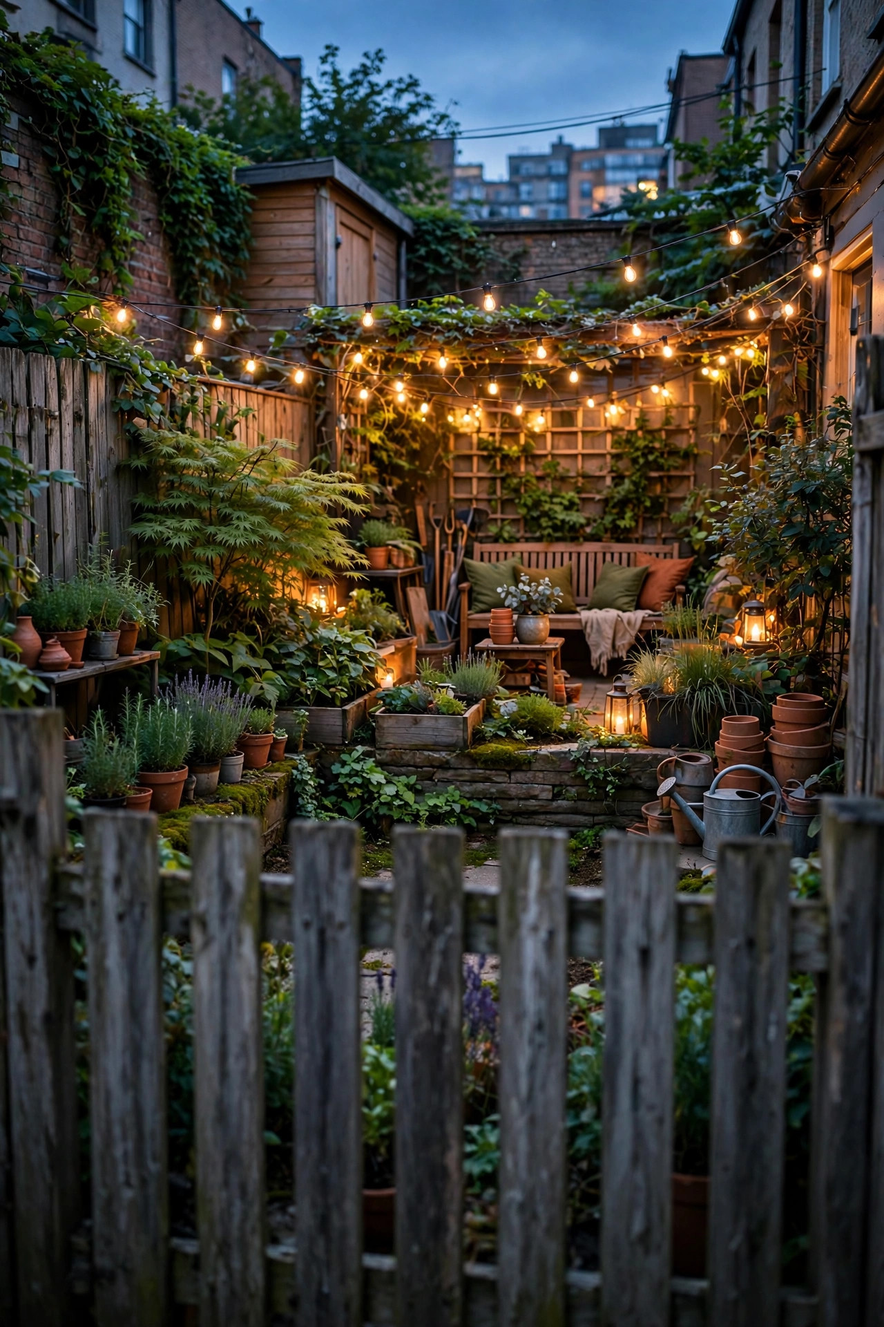 Fully layered urban backyard glowing warmly at dusk, seen from just outside the fence with no harsh glare