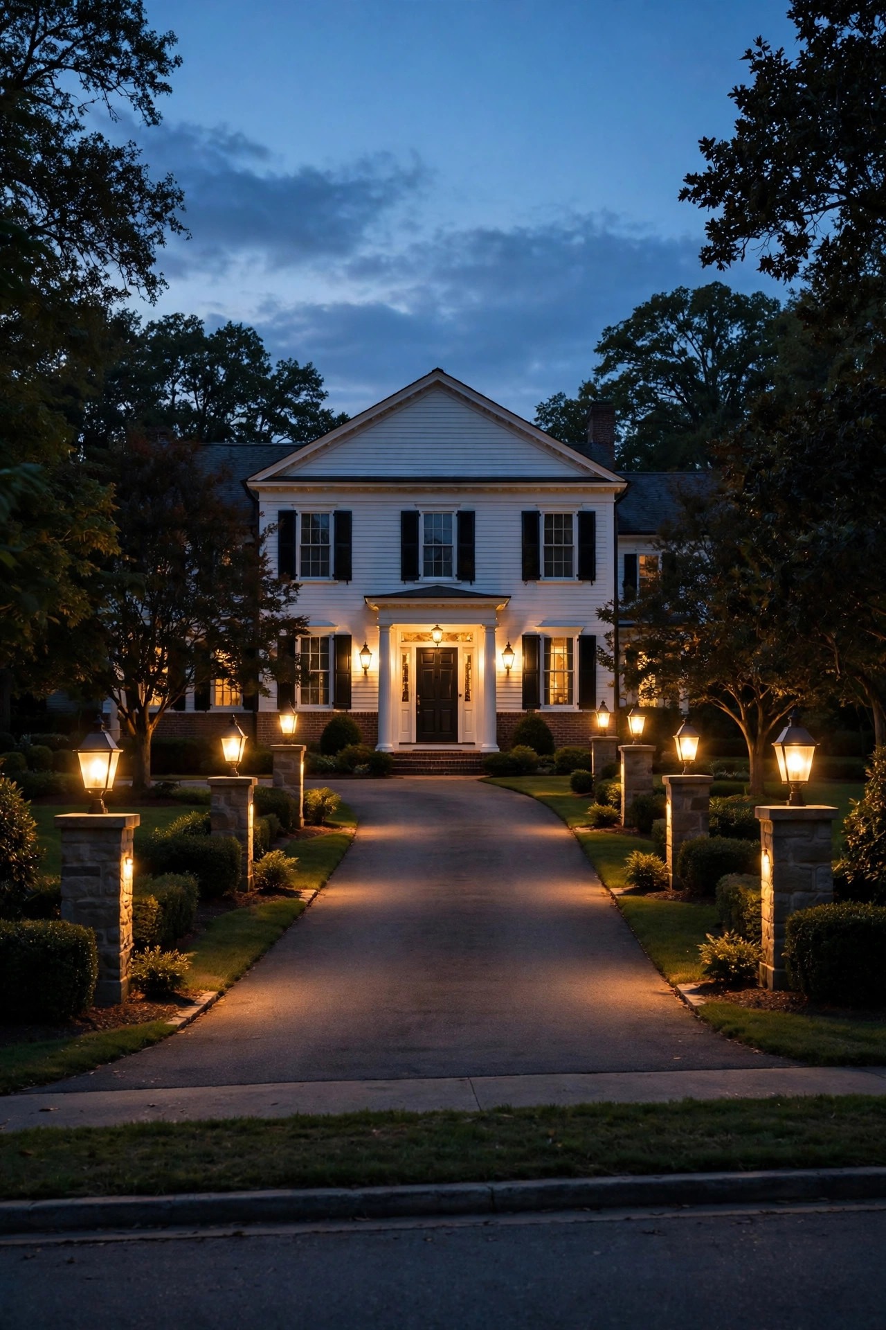 View from the street of a colonial driveway at dusk with every paired light glowing evenly toward the front door