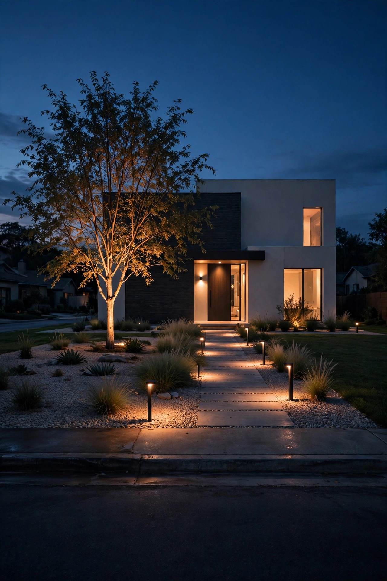 View from the street at night of a calm minimalist front yard, warm path lights, glowing entry and one uplit tree, house looking serene