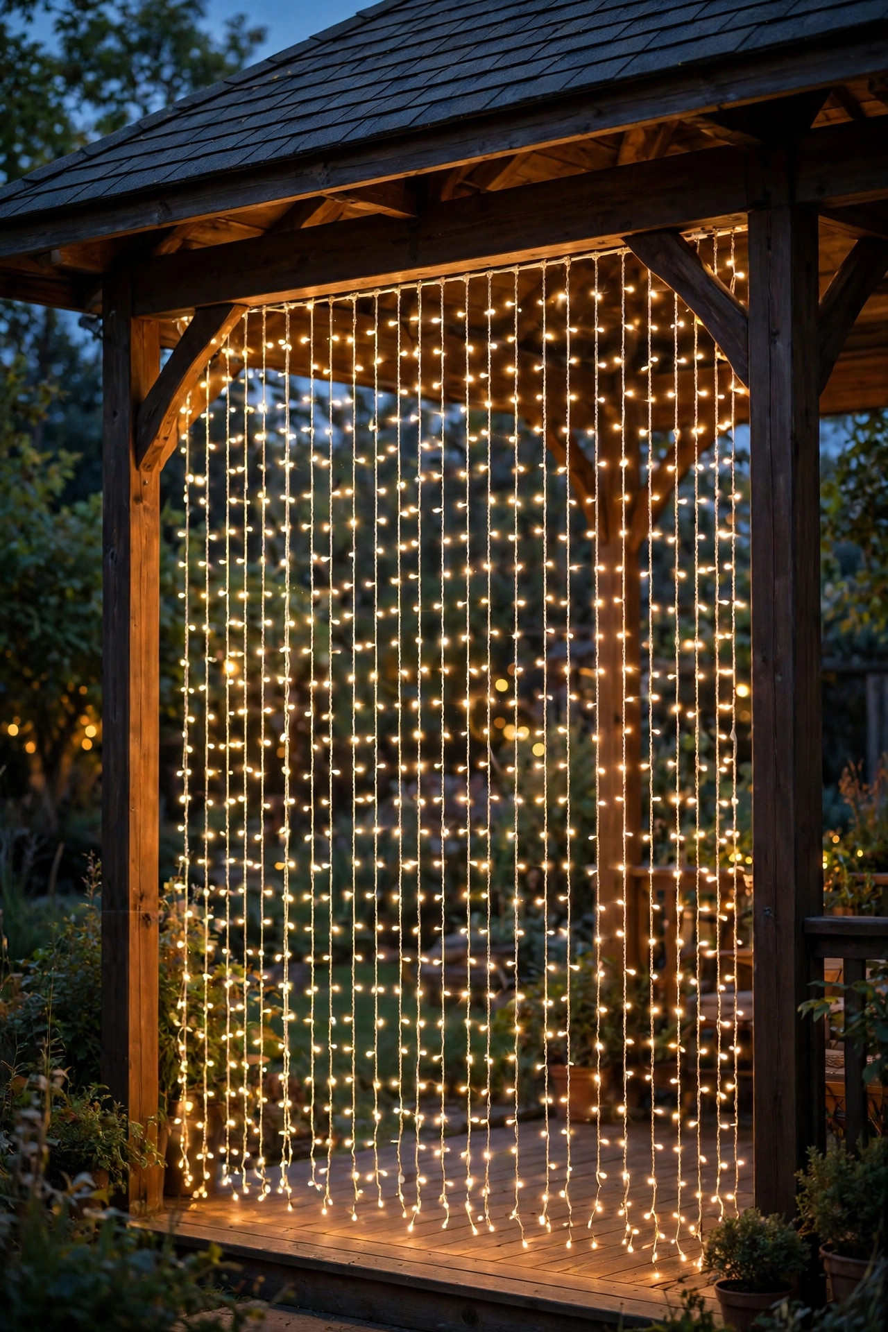 Vertical string light curtain wall sparkling across the open side of a gazebo
