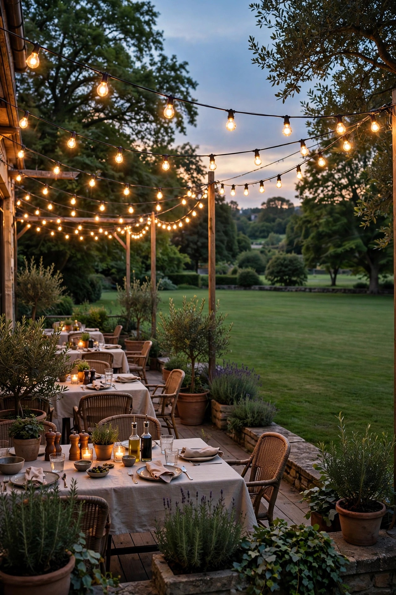 String lights in a zigzag pattern above an outdoor dining terrace beside a large lawn