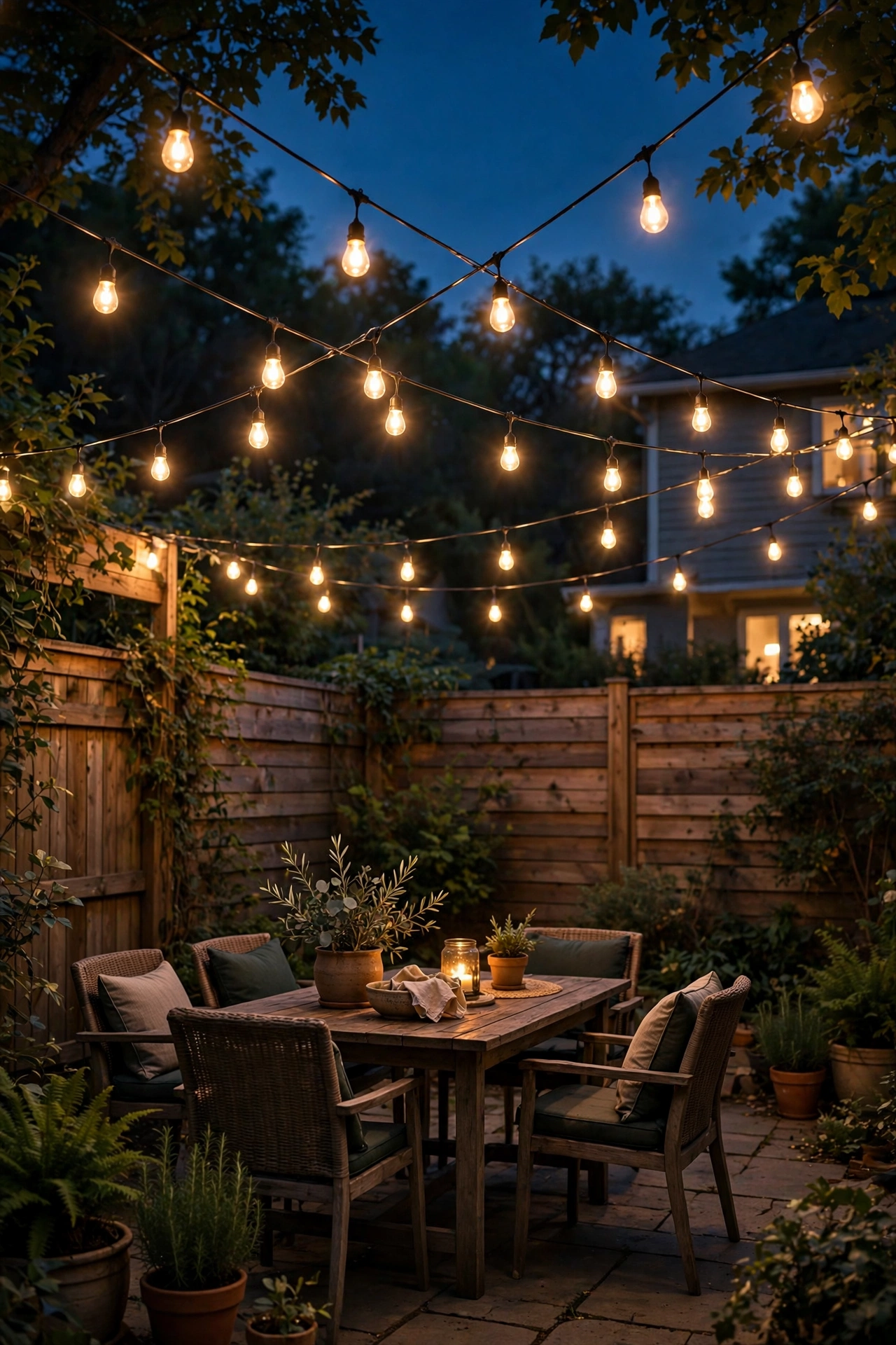 String lights crisscrossing overhead between fences above a backyard patio at night