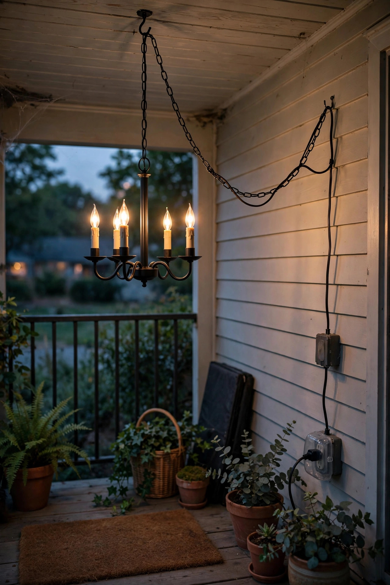 Plug-in outdoor chandelier hung with a swag chain on a rental porch ceiling
