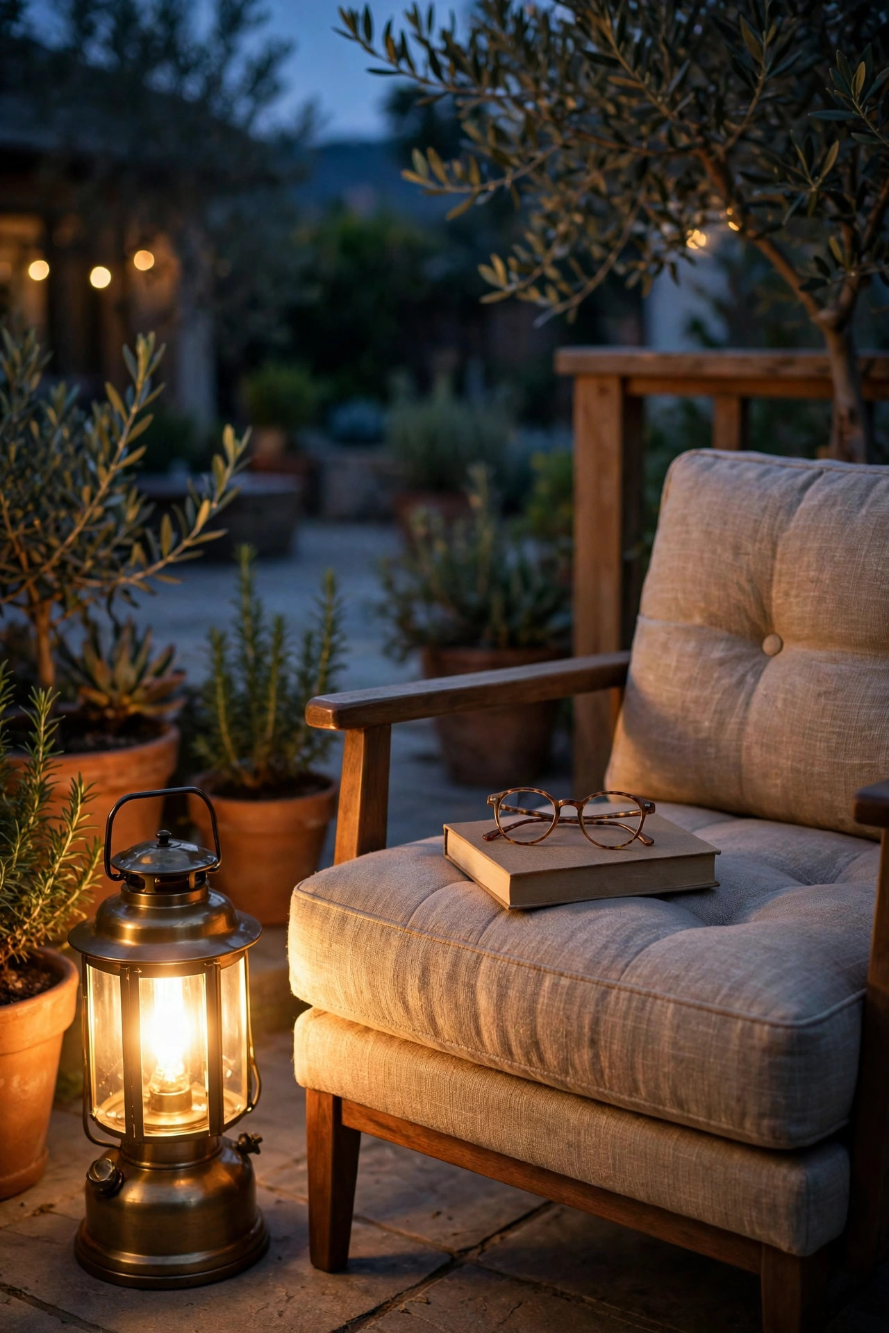 Bright warm task lantern beside an armchair with a book and reading glasses on a patio at dusk