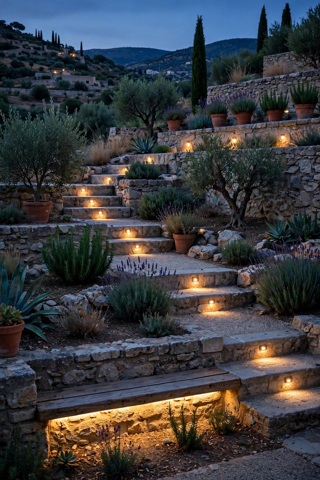Recessed step lights and under-bench LED glow on a terraced Mediterranean garden at dusk