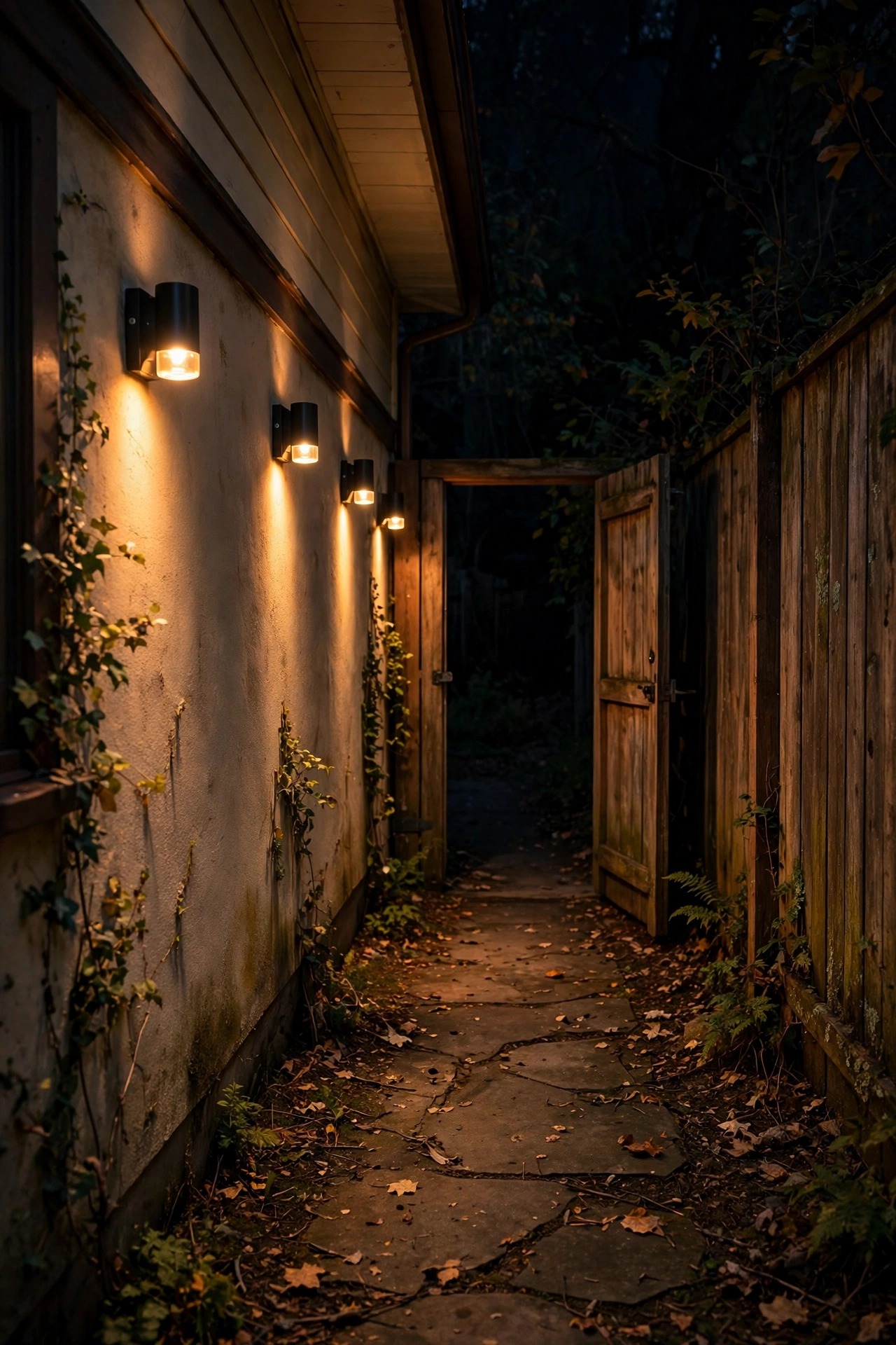 Person silhouette walking through a side yard gate at night while warm motion lights glow along the passage, fence and house wall softly lit