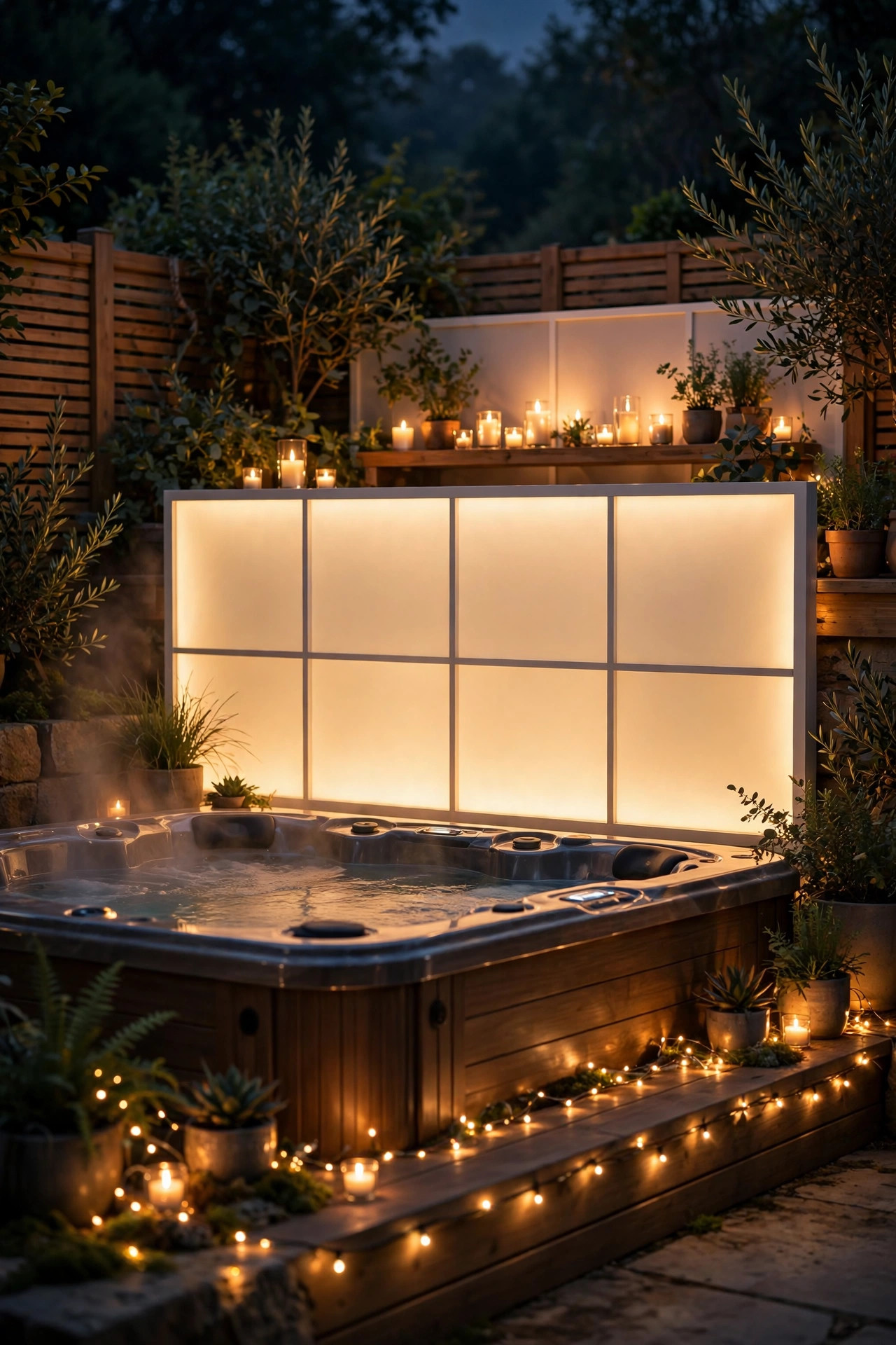 Complete hot tub privacy lighting scene at night showing three layers, low string lights, a glowing screen panel and candle accents