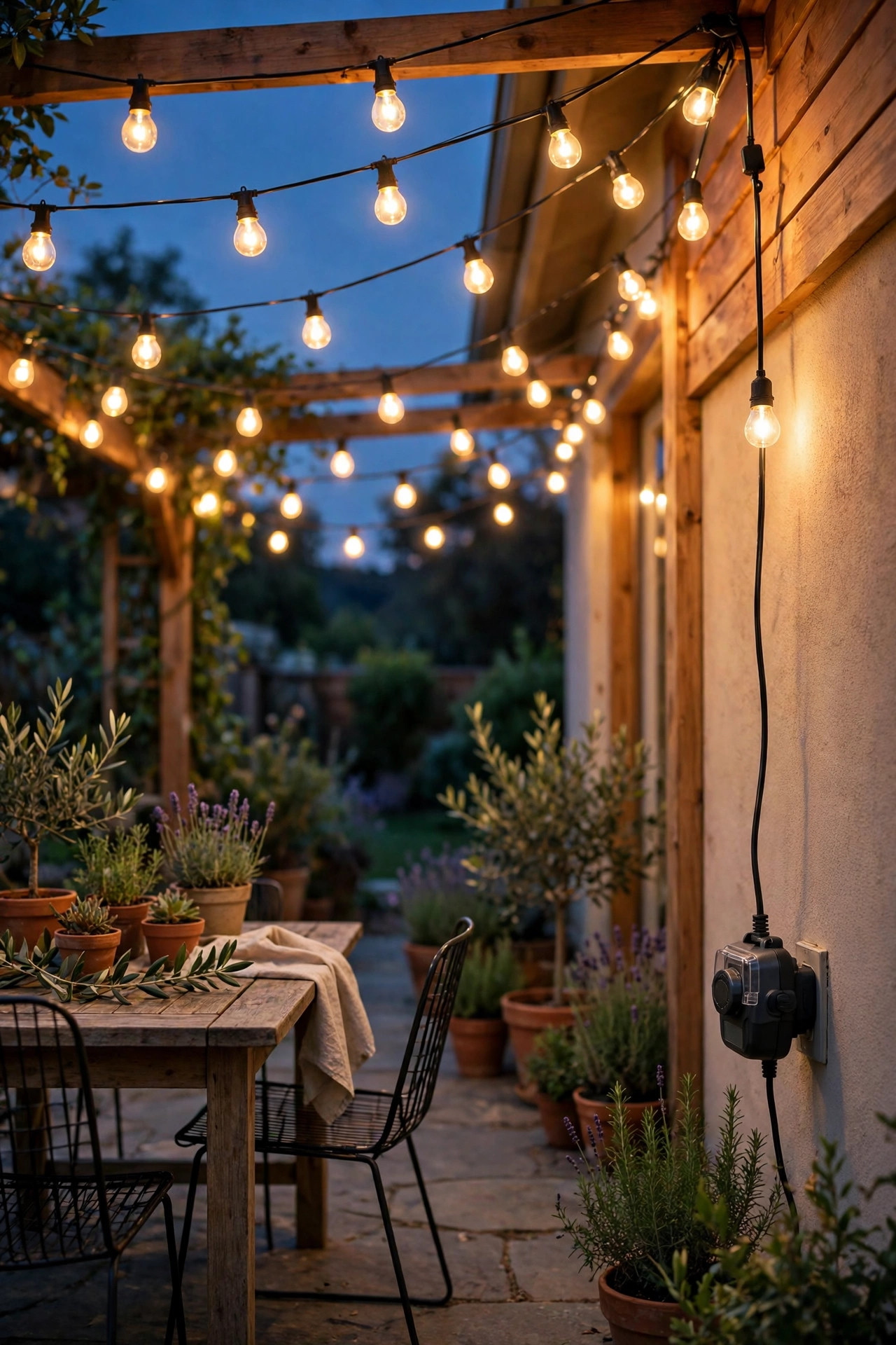 Plug-in cafe string lights glowing over a patio at dusk with a weatherproof timer at the outdoor outlet