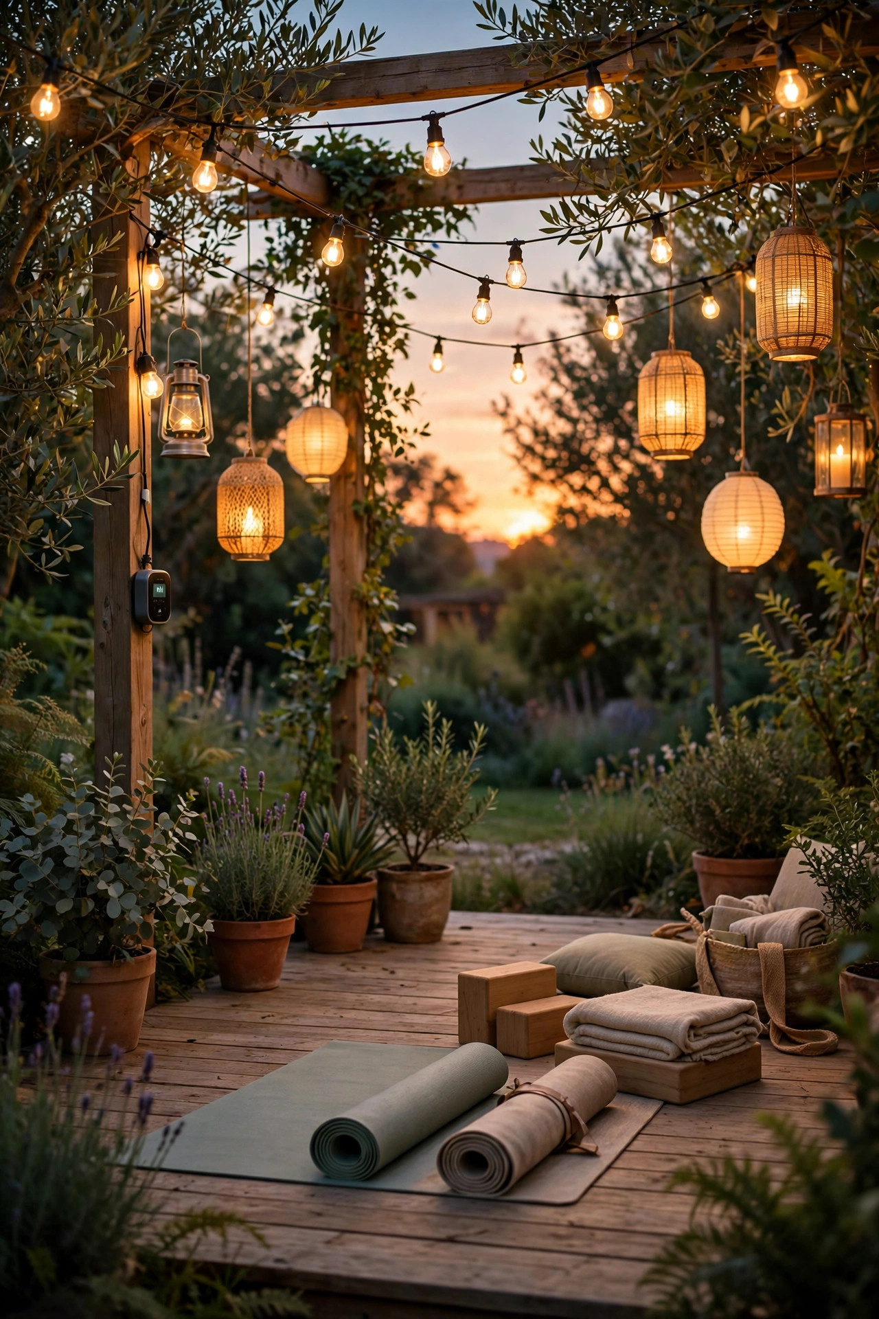 Outdoor yoga space lighting gradually glowing at sunset with string lights and lanterns on a timer
