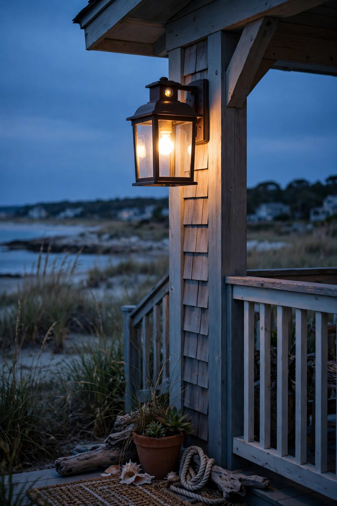 Photocell porch lantern switching on automatically at dusk on a coastal porch