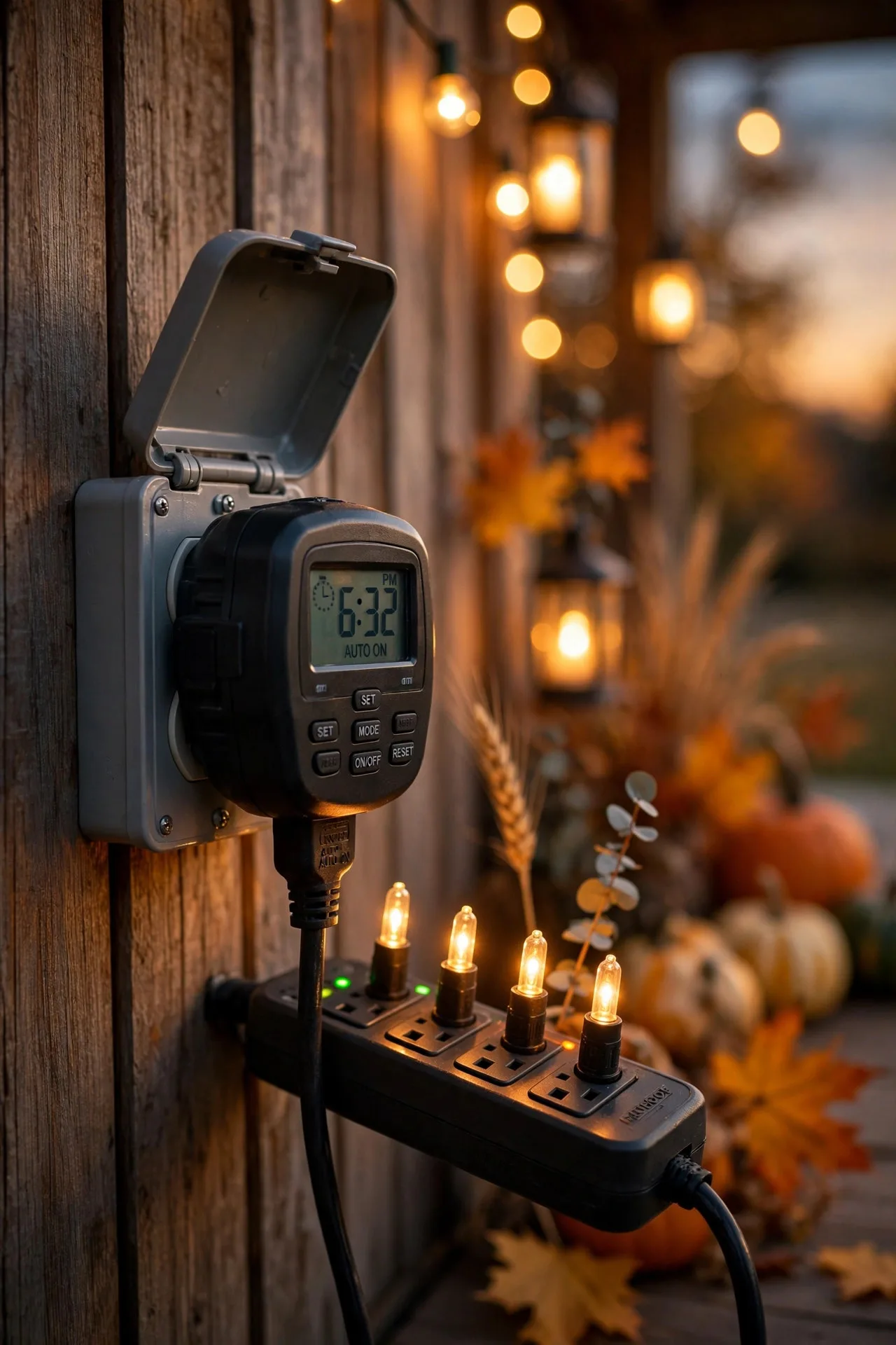 Coordinated outdoor timer system controlling thanksgiving outdoor lighting at dusk