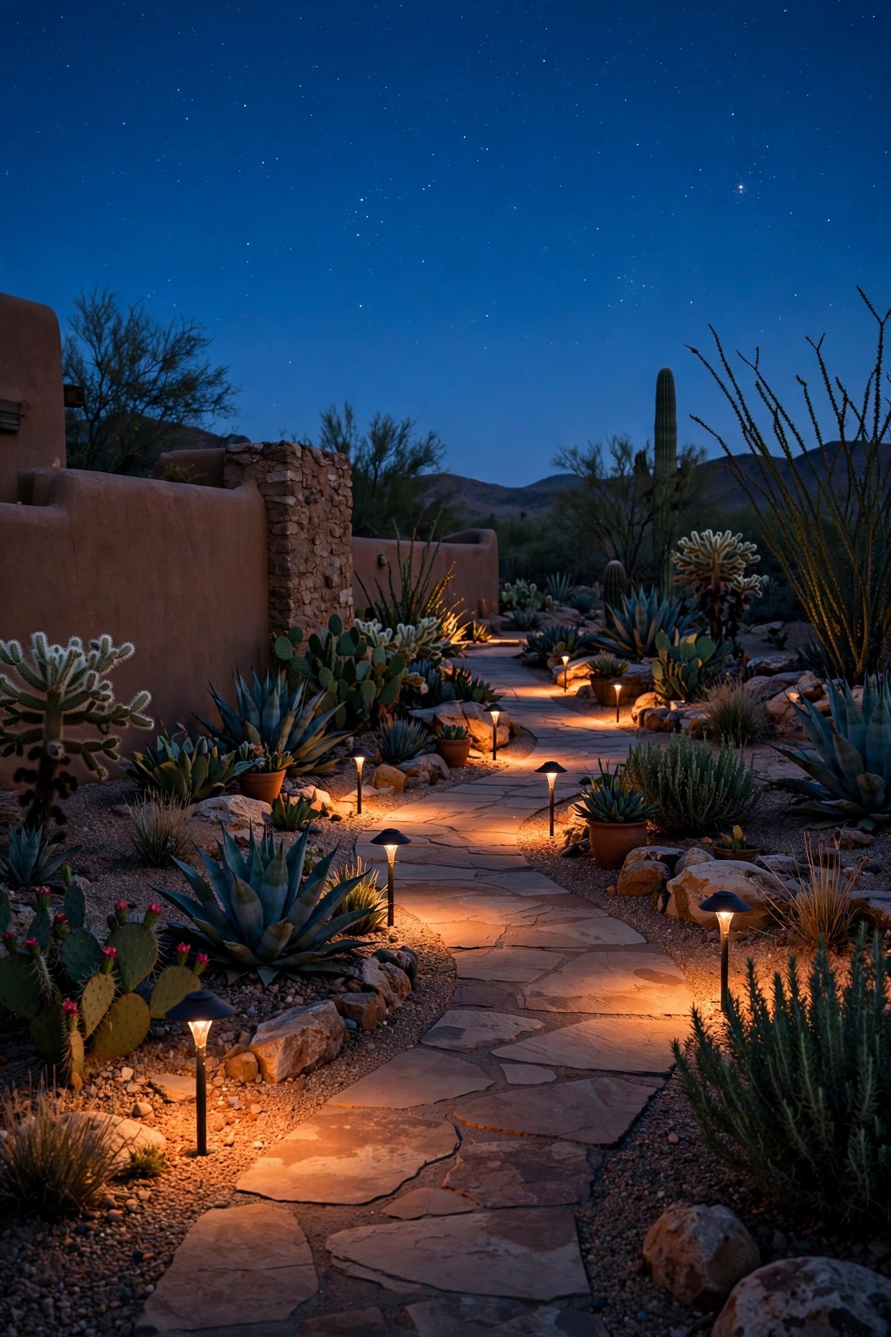 Southwestern garden at deep dusk with warm path and accent lights glowing under a starry desert sky, timer-controlled lighting kept low and shielded