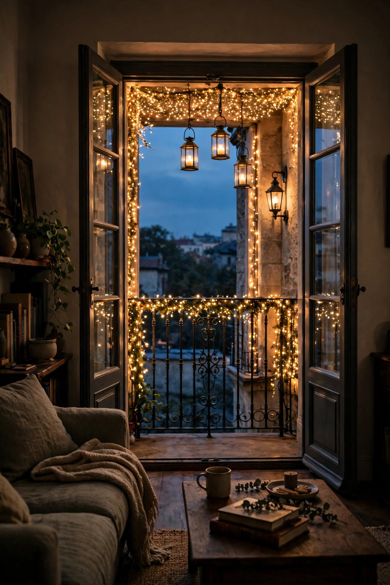 Juliet balcony glowing on schedule at dusk with all layers lit automatically, seen from a dim living room
