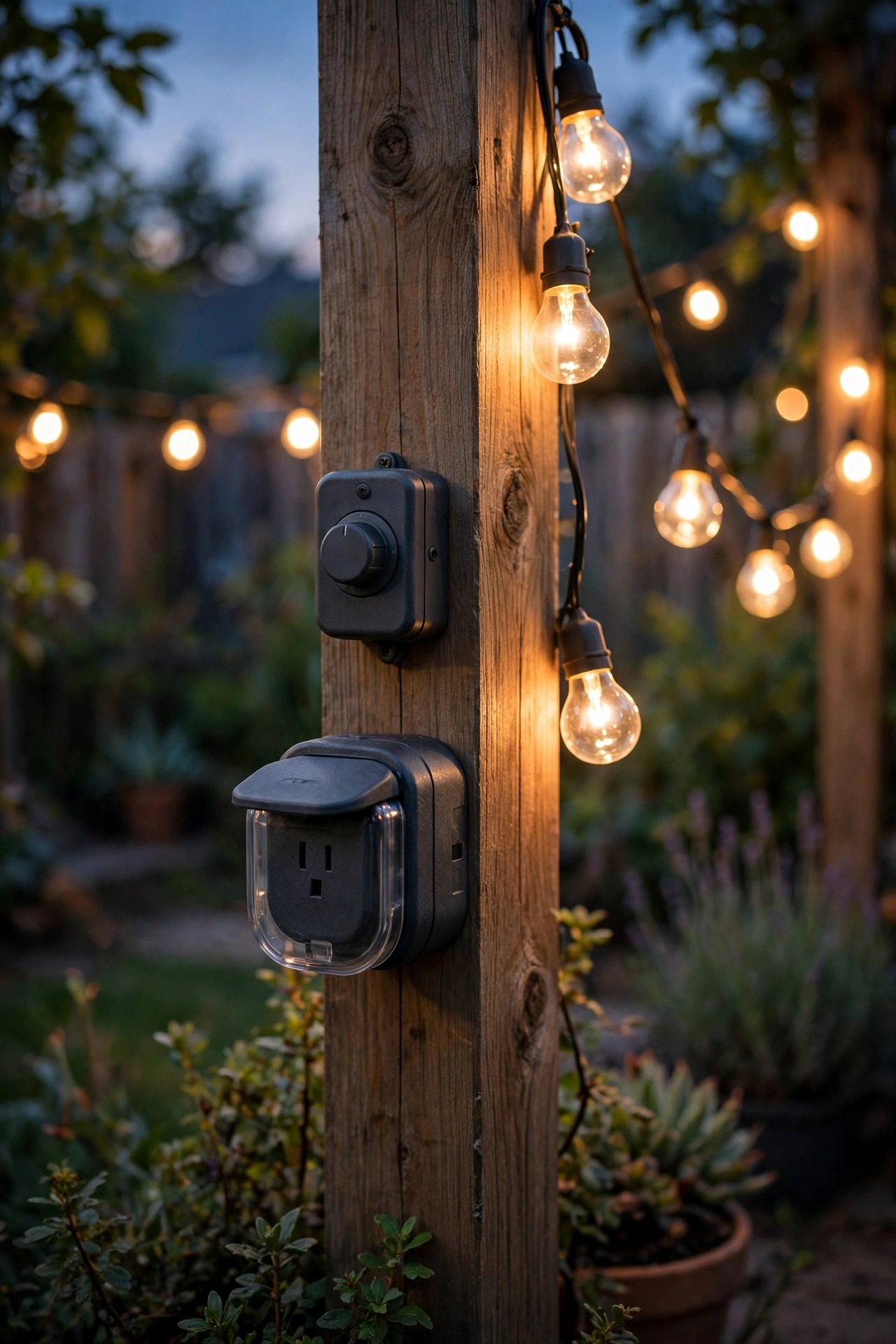 Weatherproof garden lighting transformer and timer mounted under a covered porch rail glowing beside lantern light at dusk