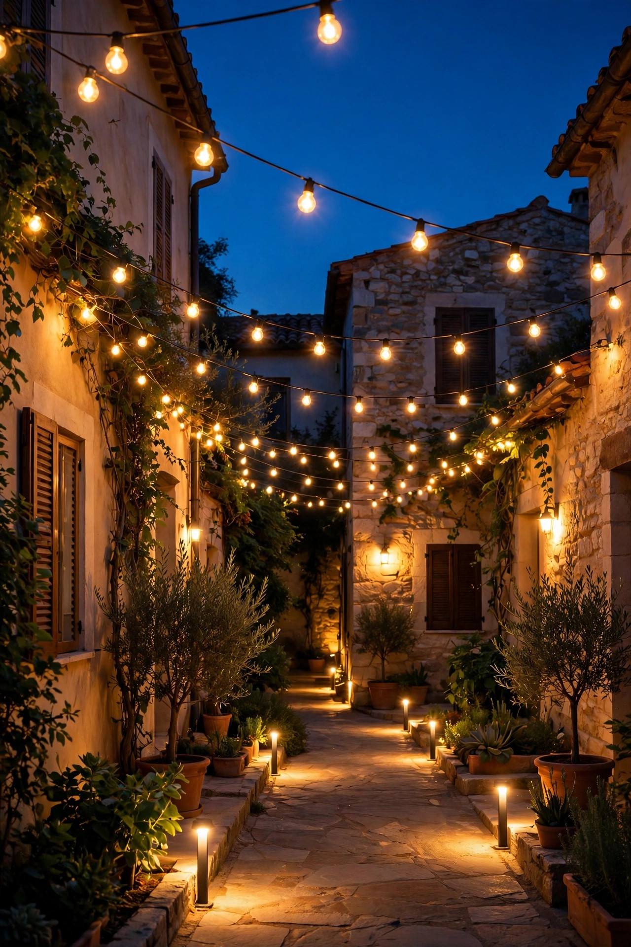 Courtyard lights switching on automatically at dusk, string canopy and path lights glowing as the sky darkens