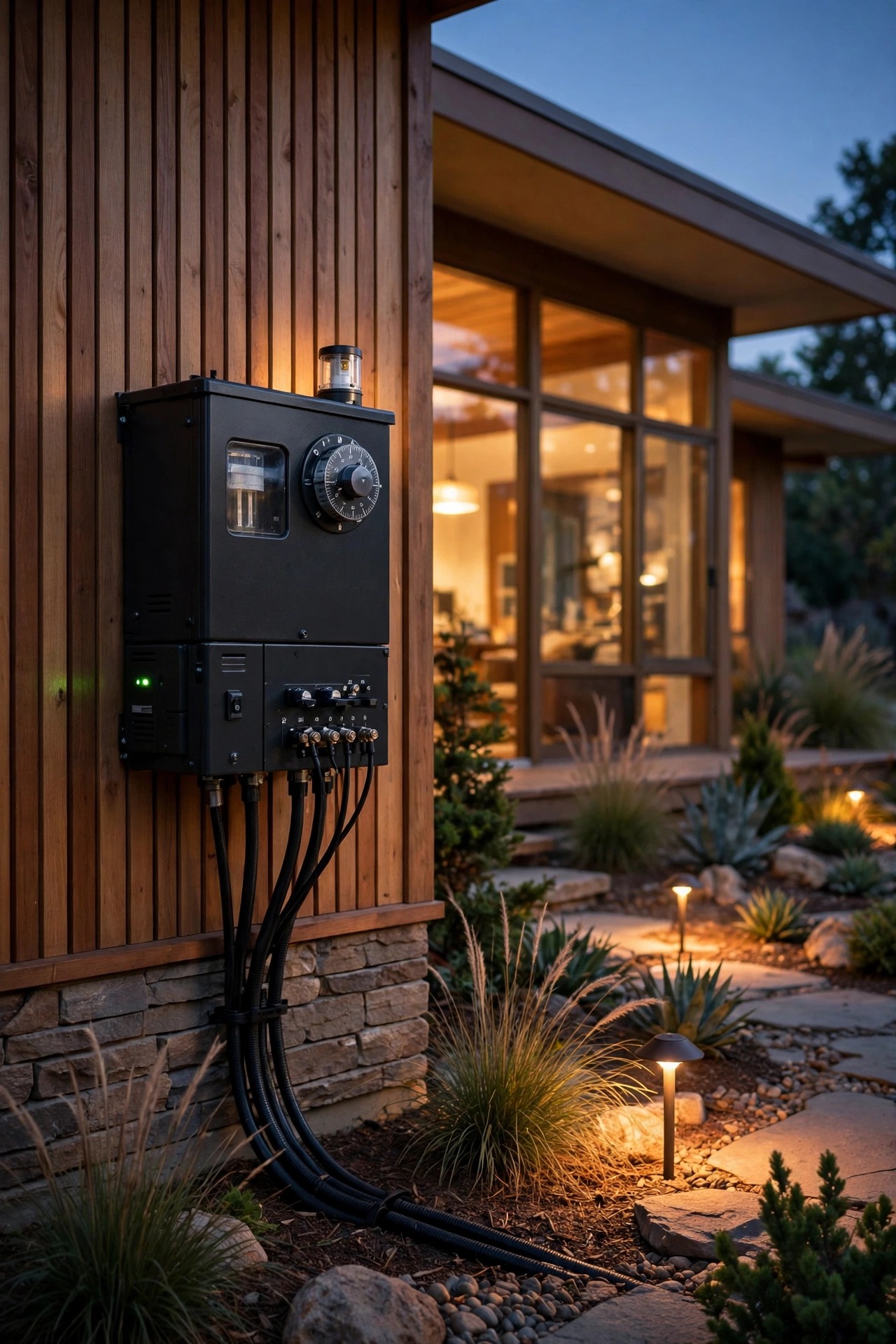 Low voltage landscape lighting transformer with timer and photocell mounted beside a mid-century modern home at dusk