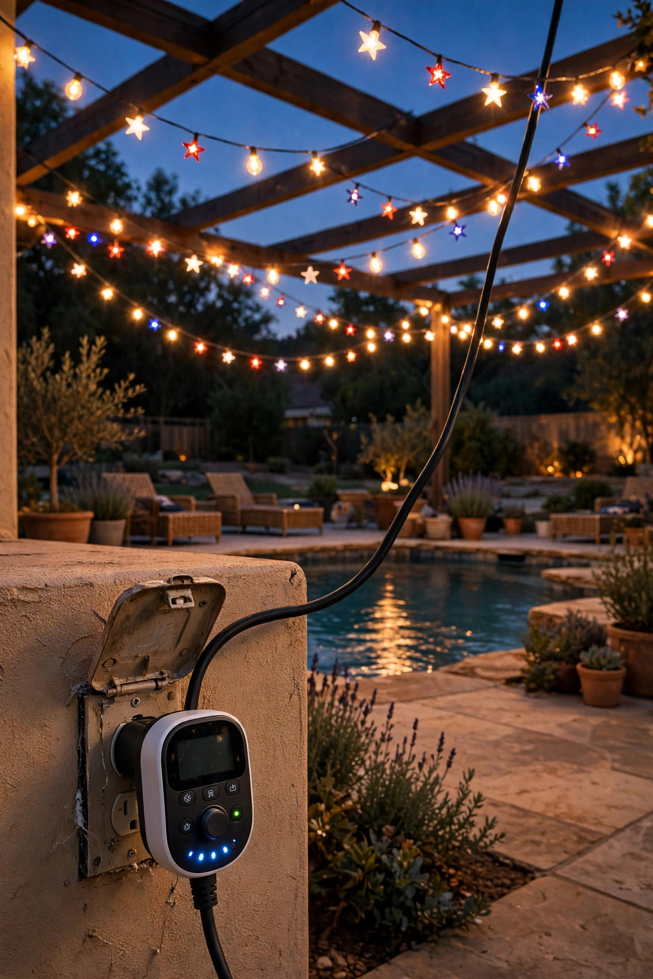 Smart plug and timer setup controlling patriotic string lights over a pool patio at dusk