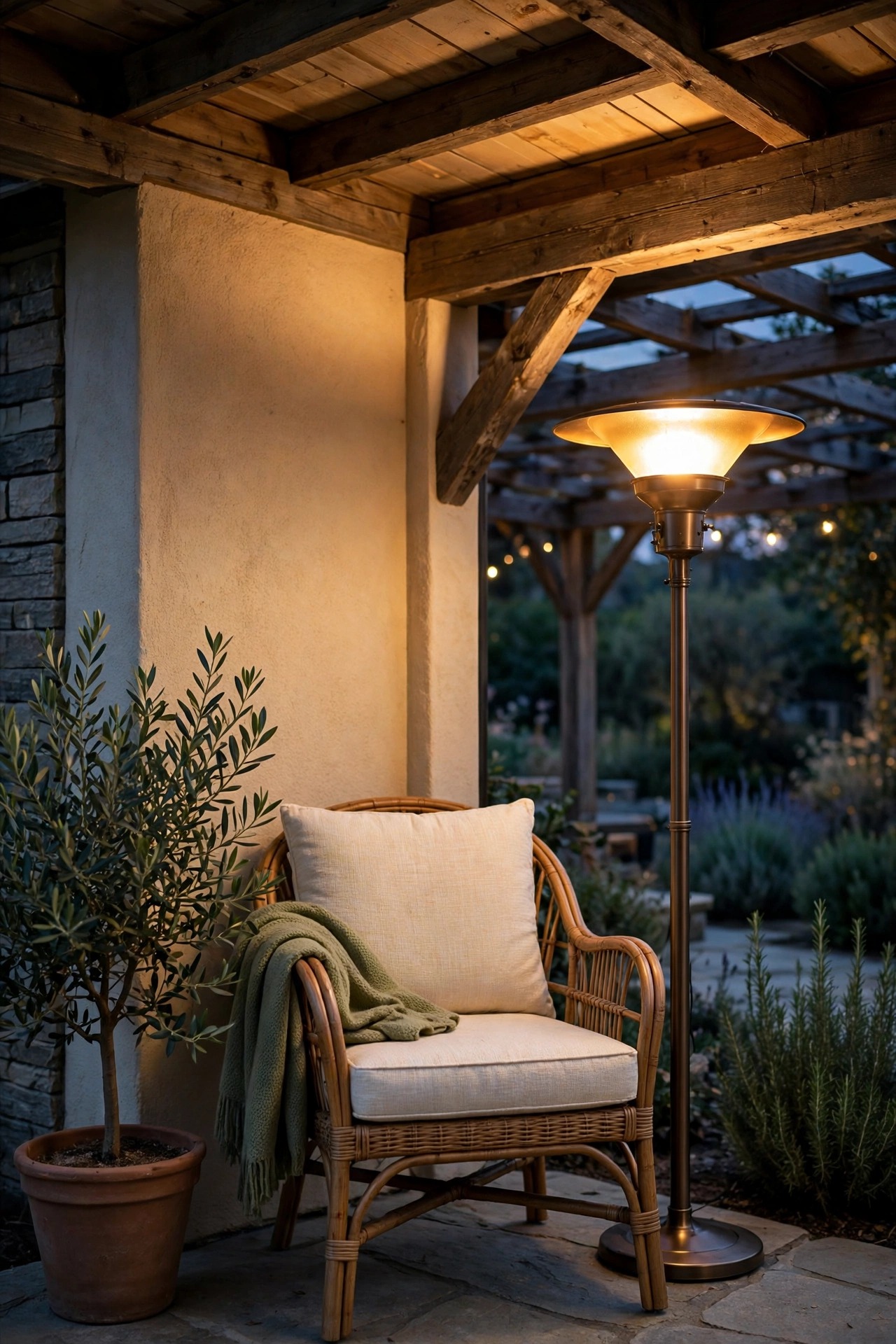 Outdoor torchiere floor lamp uplighting a covered patio corner beside a potted plant and reading chair