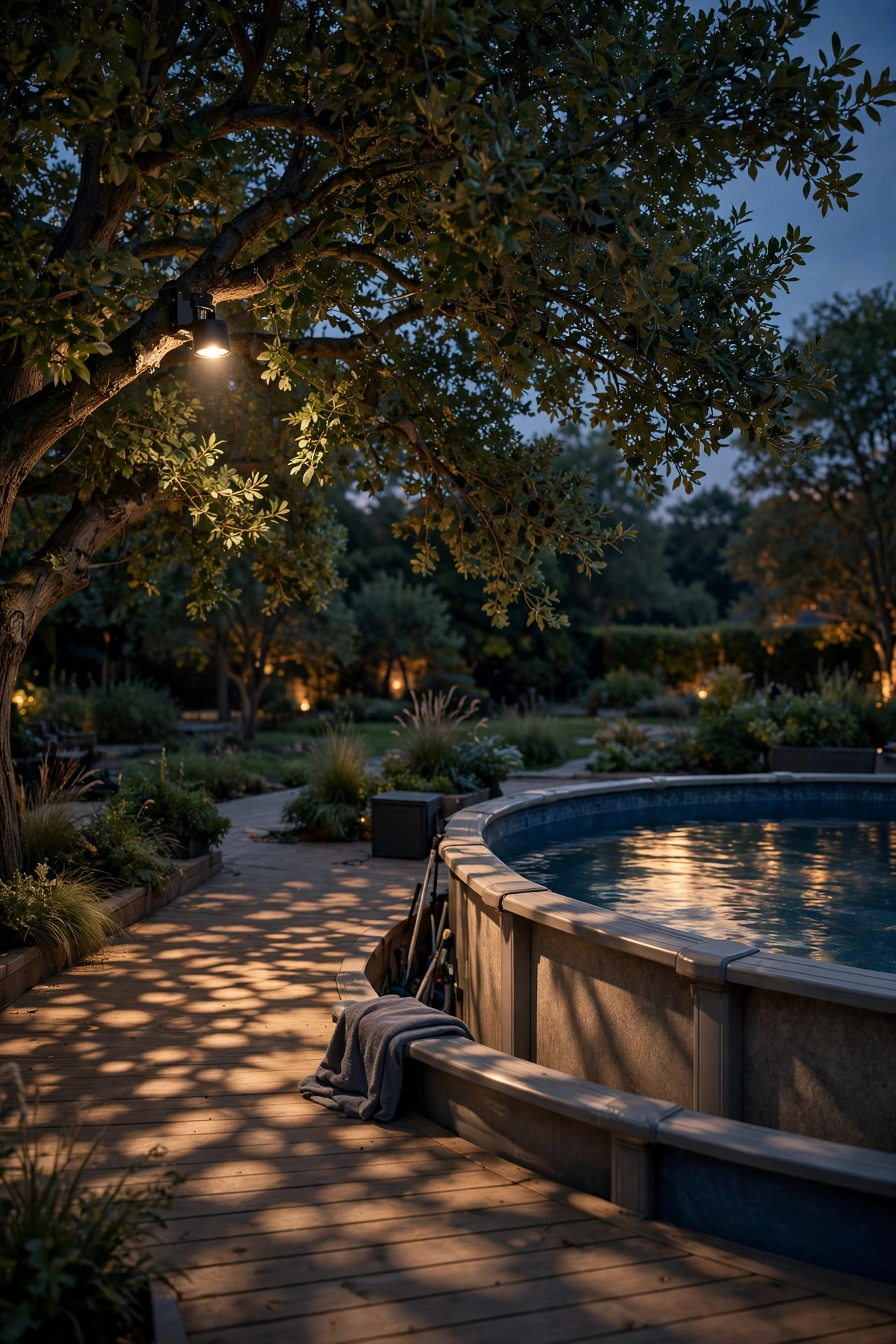 Soft dappled moonlight effect cast from a tree-mounted downlight over an above-ground pool deck