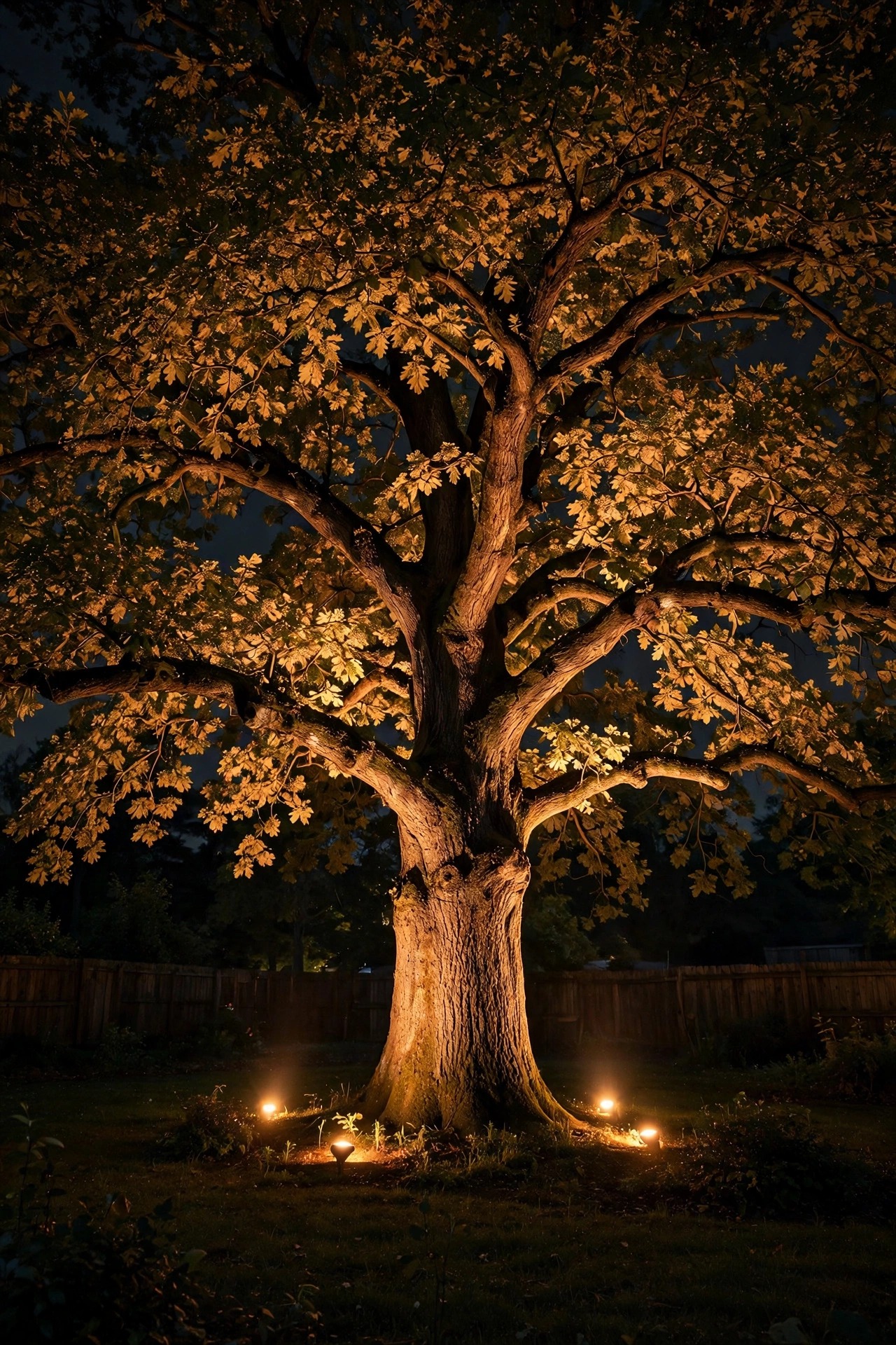 Smart scheduled uplights washing a large backyard tree canopy with warm light at night