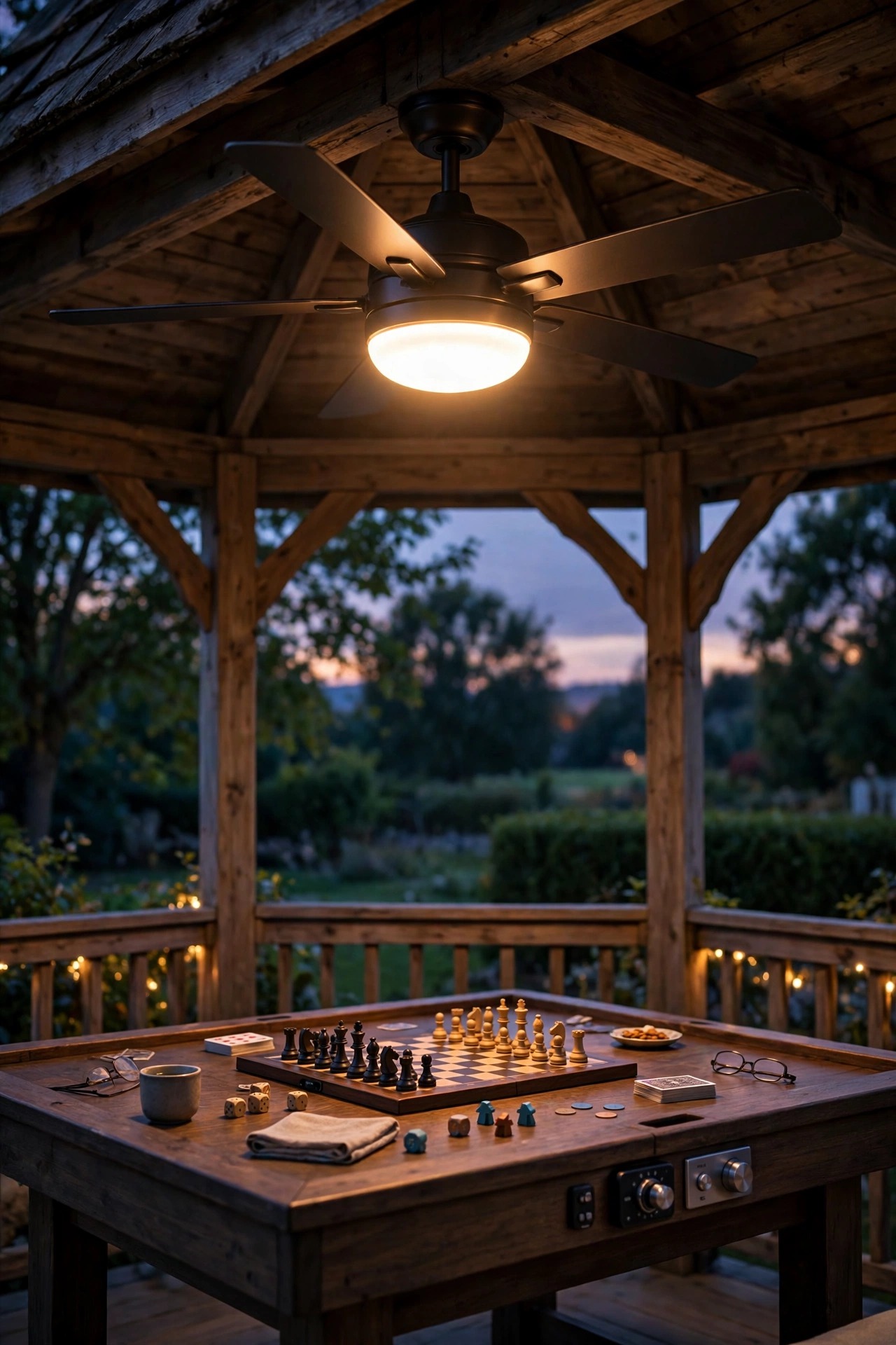 Gazebo ceiling fan light kit glowing warm white over an evening game table with adjustable brightness