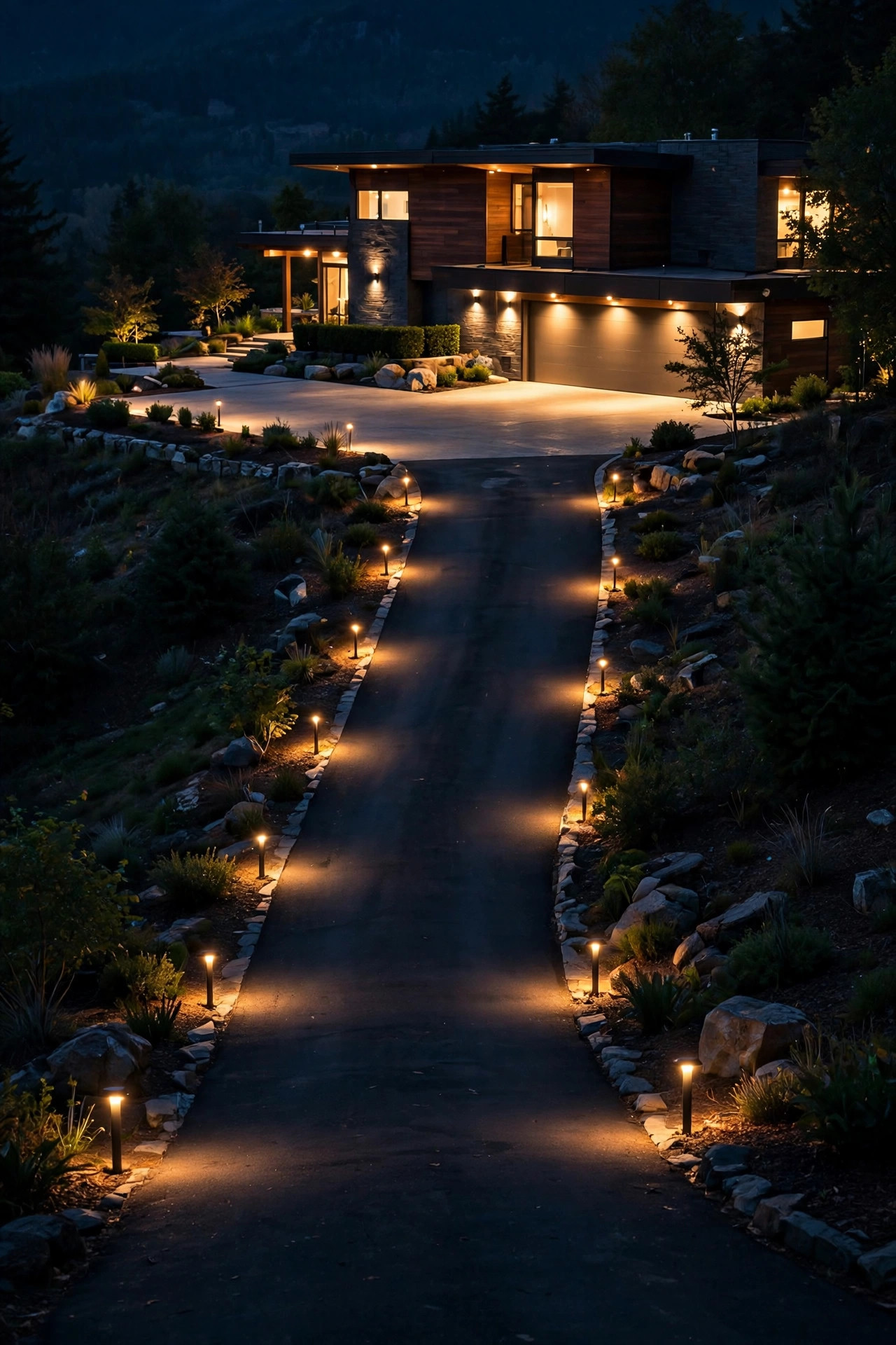 A steep driveway at night with the climb lit by edge lights and the upper parking apron glowing in a brighter separate zone