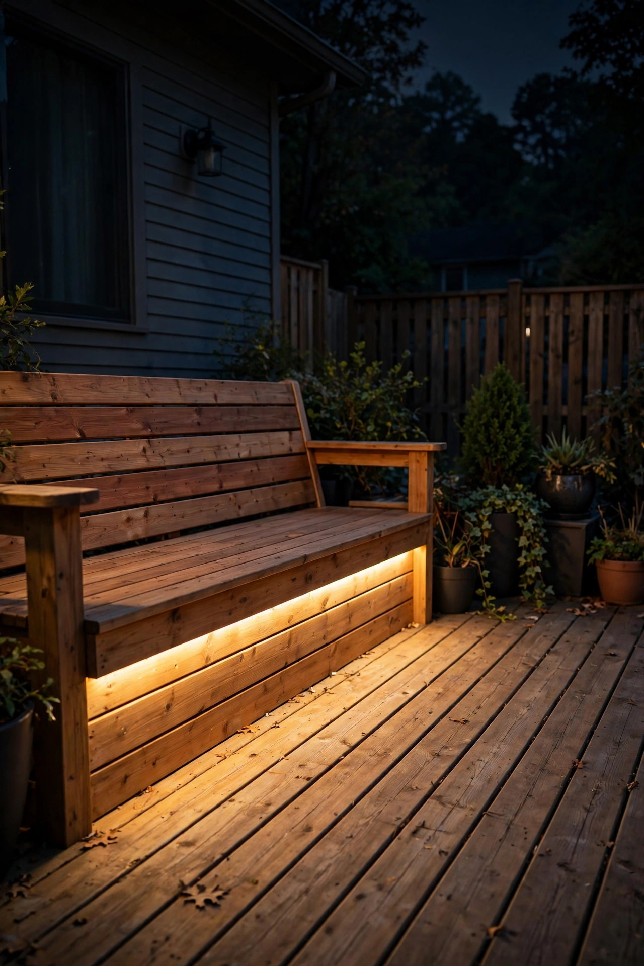 Built-in wooden deck bench glowing softly from an LED strip hidden under the seat at night