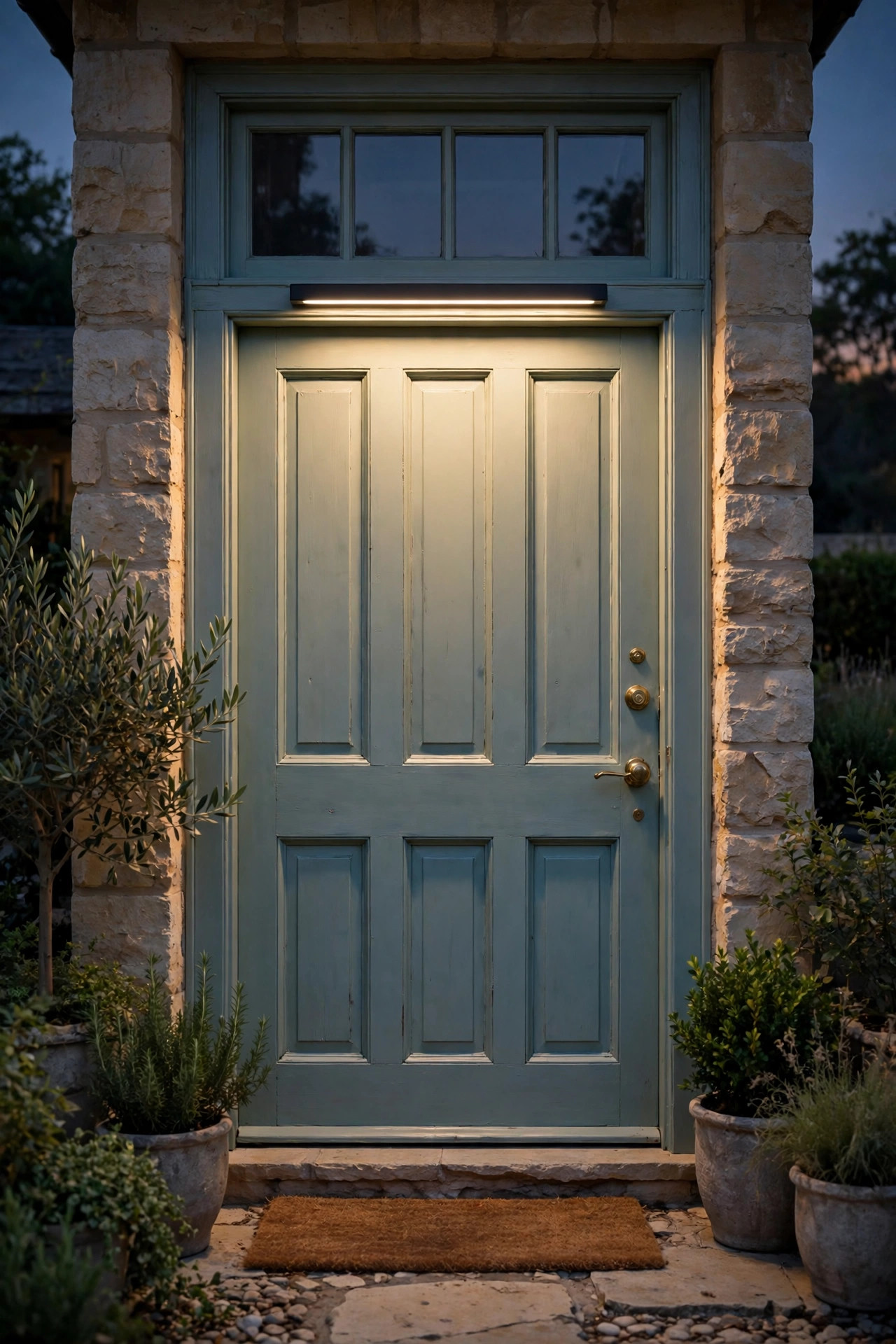 Slim light bar under the transom trim washing a painted front door with soft light