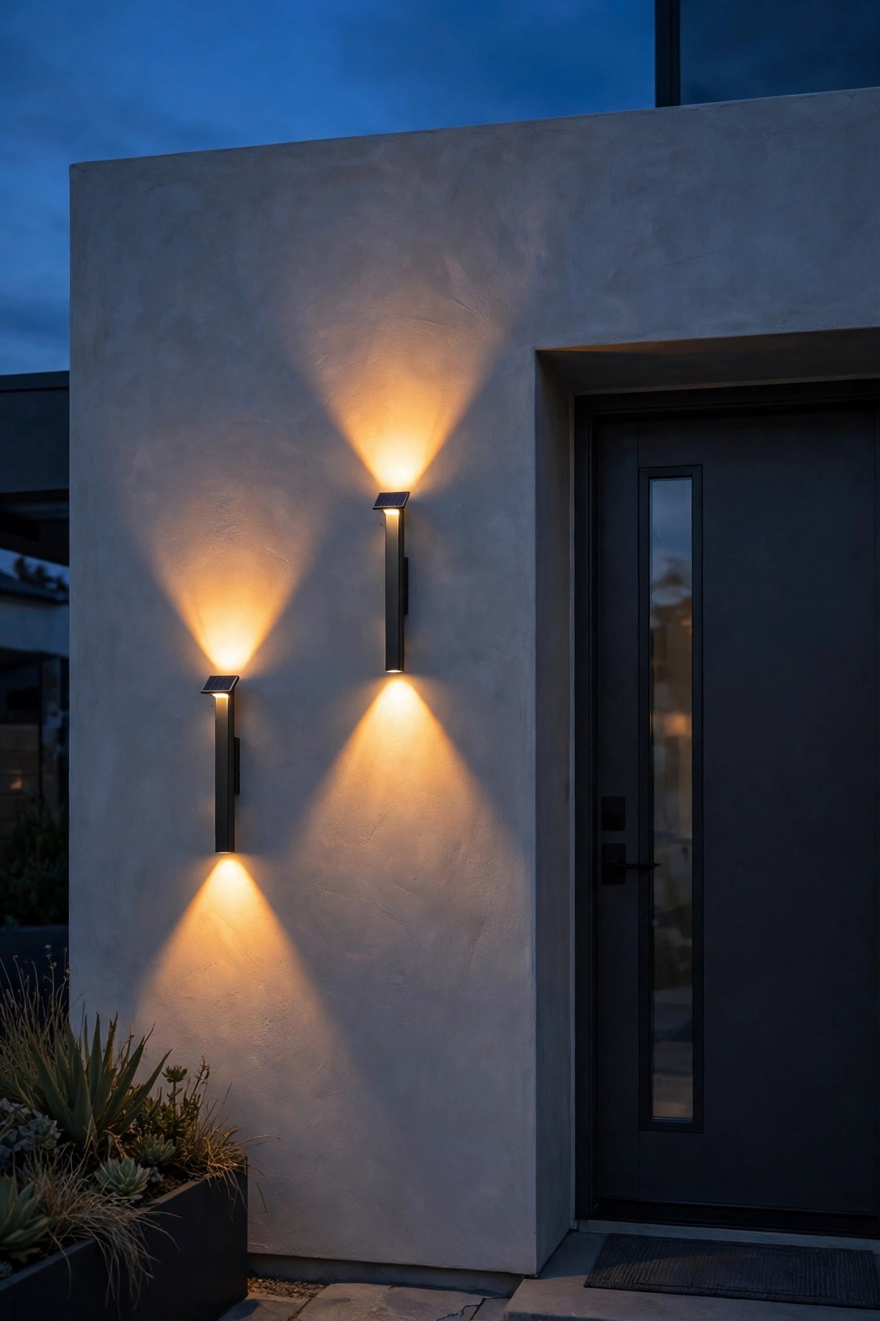 Modern solar porch lights with slim up and down beams painting warm triangles of light on the wall beside a contemporary front door at dusk