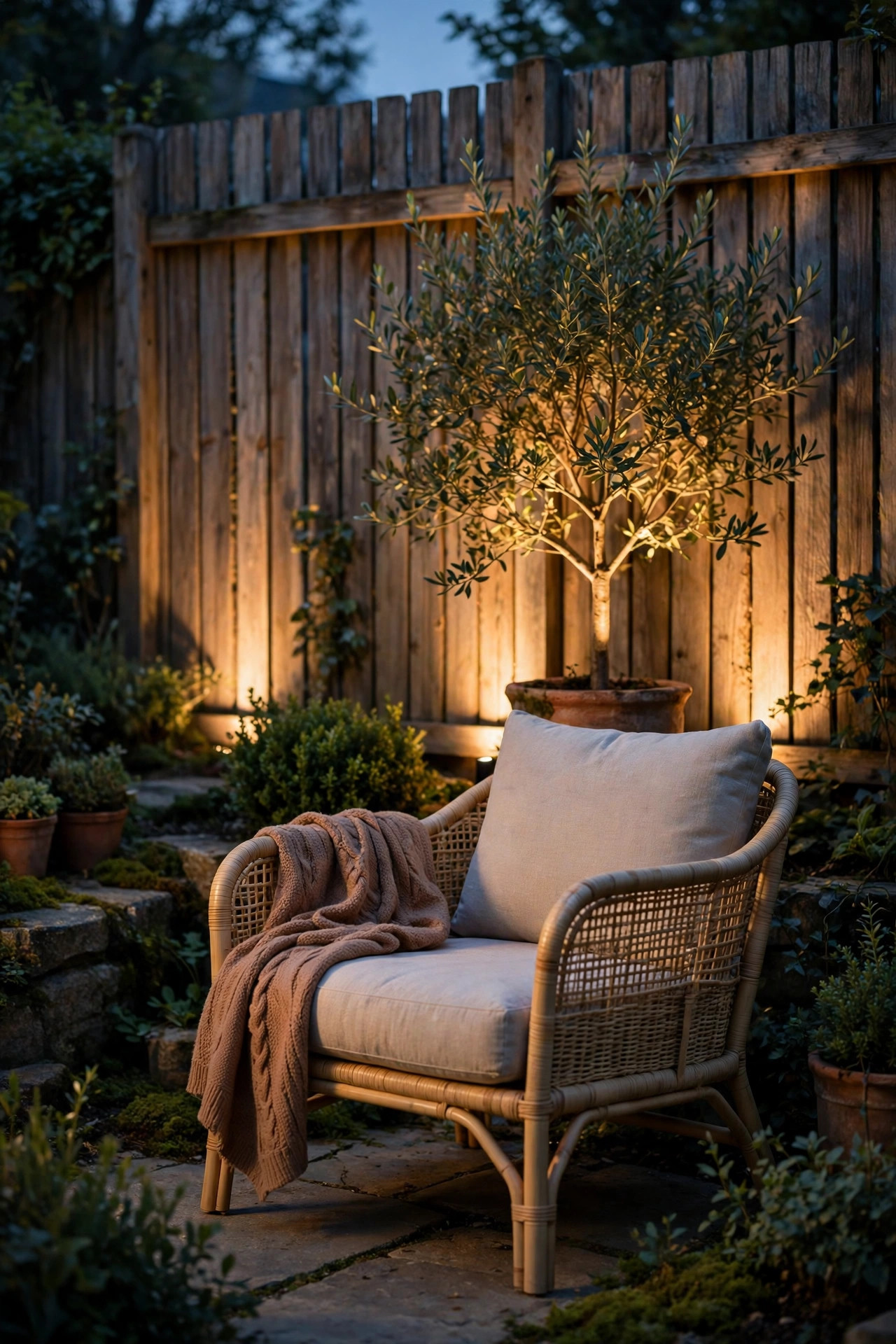 Soft uplight washing a small tree and fence behind a reading chair, gentle reflected glow framing the nook