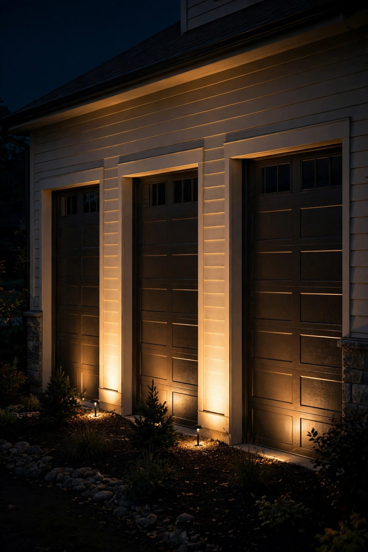 Low landscape spotlights washing warm light up the siding between the doors of a three-car garage