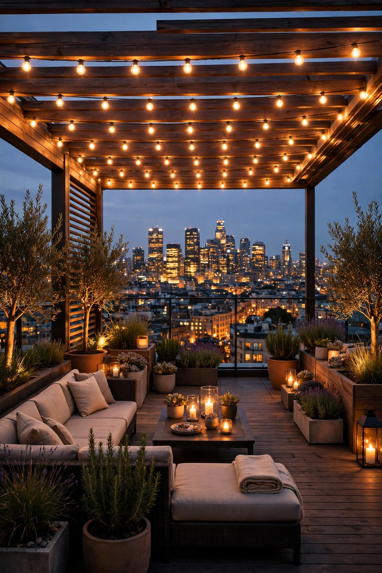 Rooftop terrace glowing in one consistent warm 2700K light at dusk, every fixture harmonizing with the amber city skyline