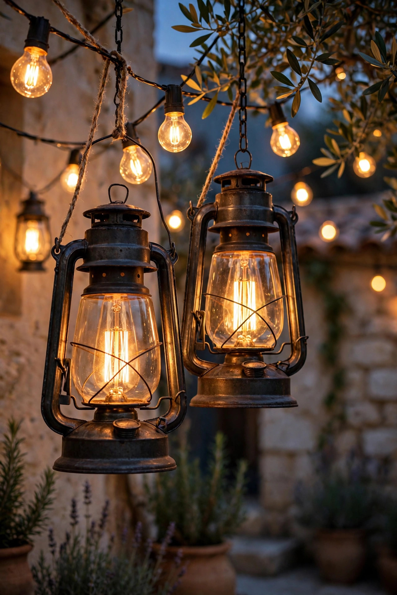 Close view of warm 2700K filament bulbs glowing amber inside lanterns and string lights in a Mediterranean courtyard