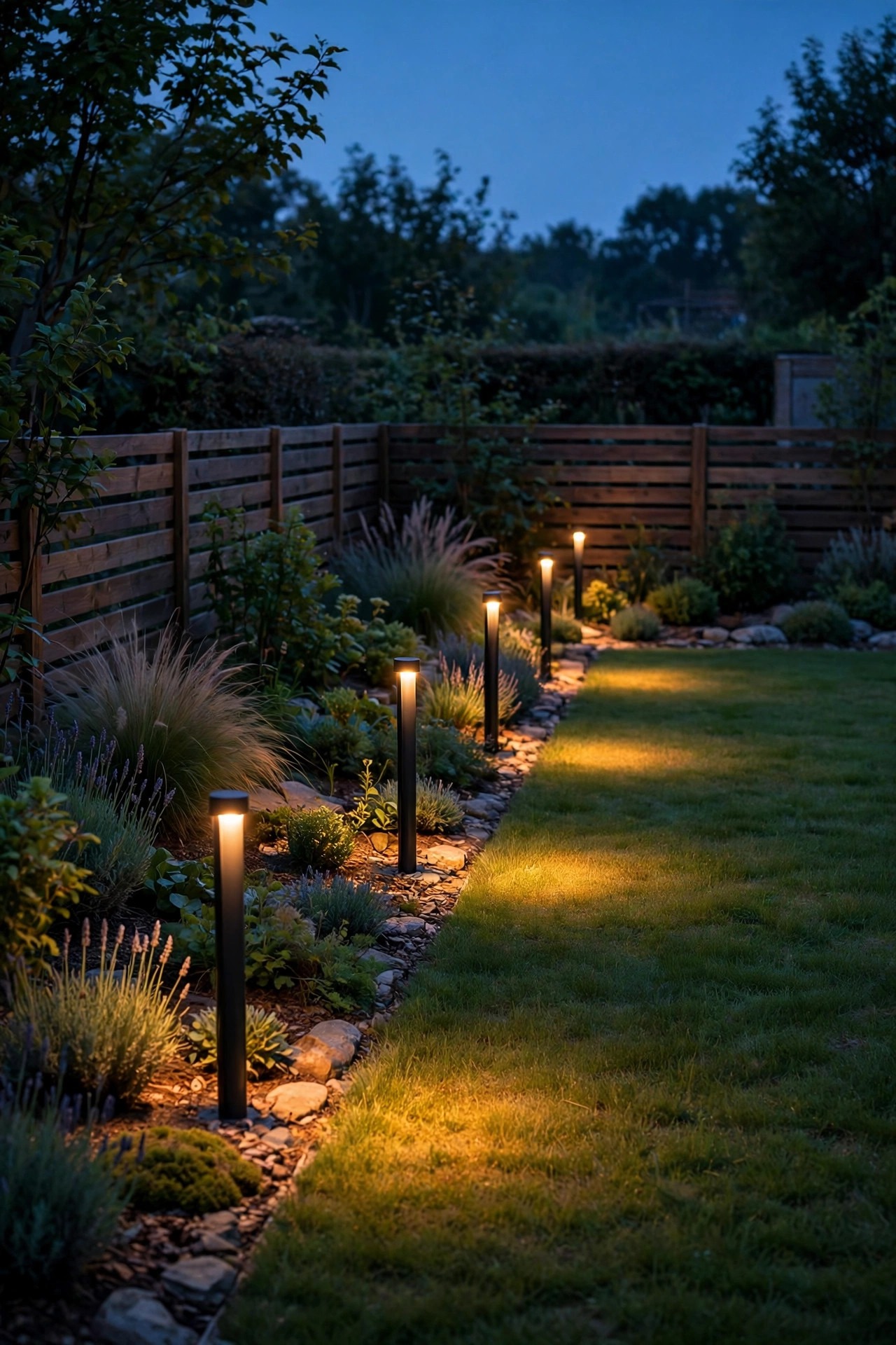 Short warm bollard lights along a garden bed edge and low fence at dusk, soft pools of light on the lawn