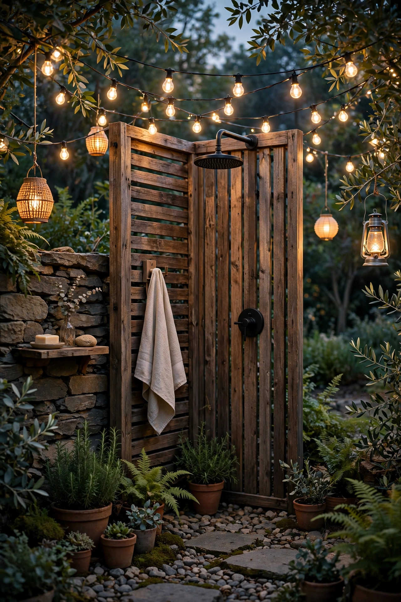 Row of craftsman landscape fixtures all glowing at the same warm 2700K temperature along a front walk at dusk