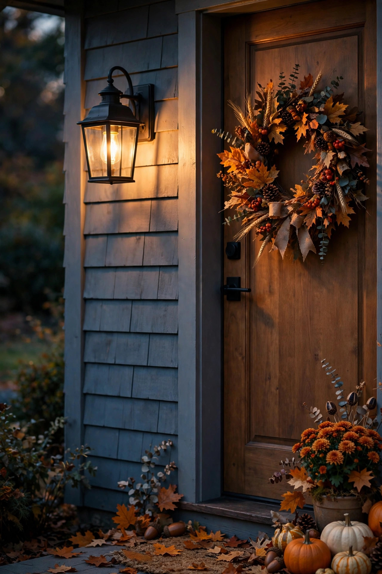Porch sconce glowing warm 2700K light beside a fall wreath on the front door