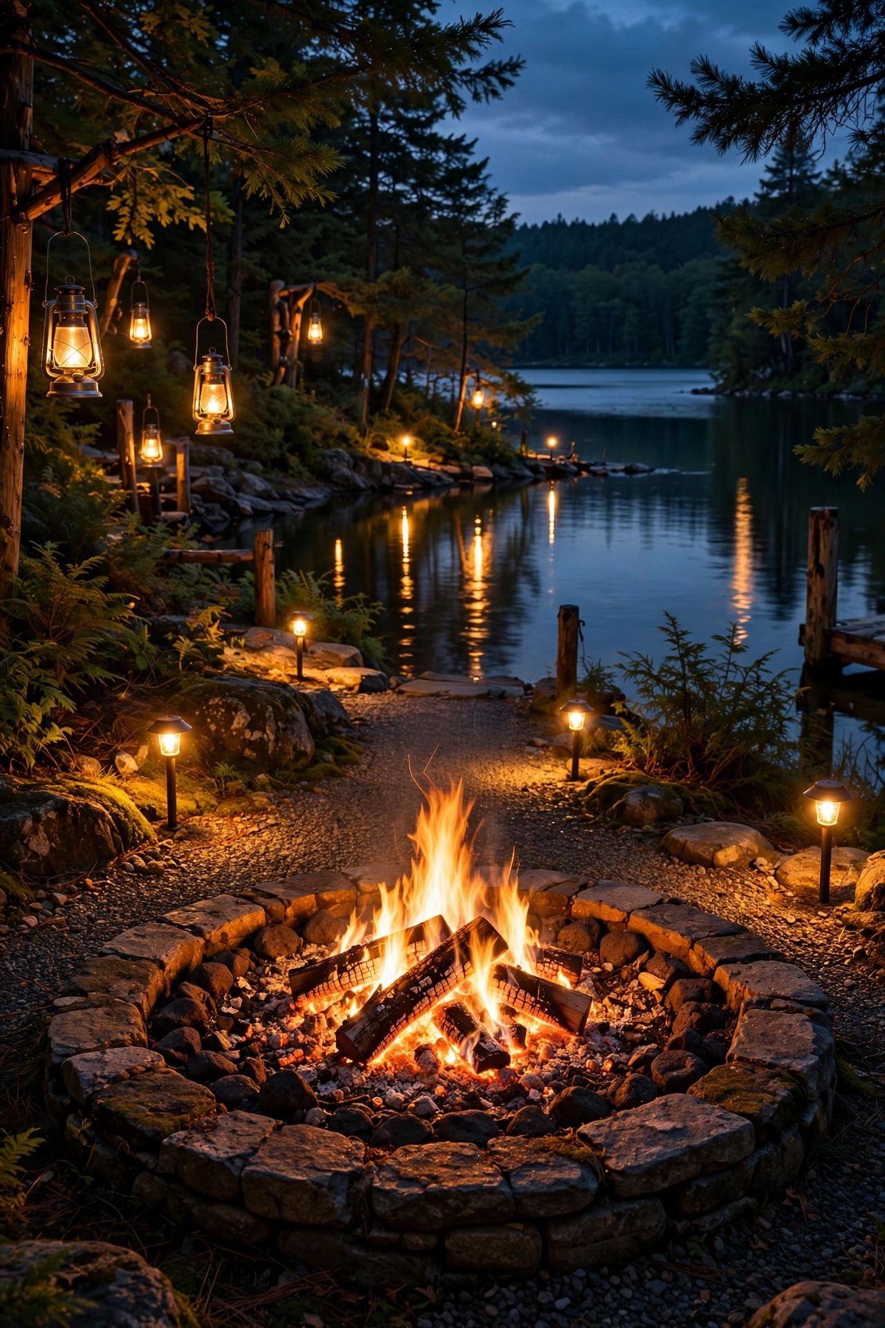 Complete lakeside fire pit scene at night with every light in one consistent warm 2700K glow, fire circle, lanterns, path lights and lake reflections