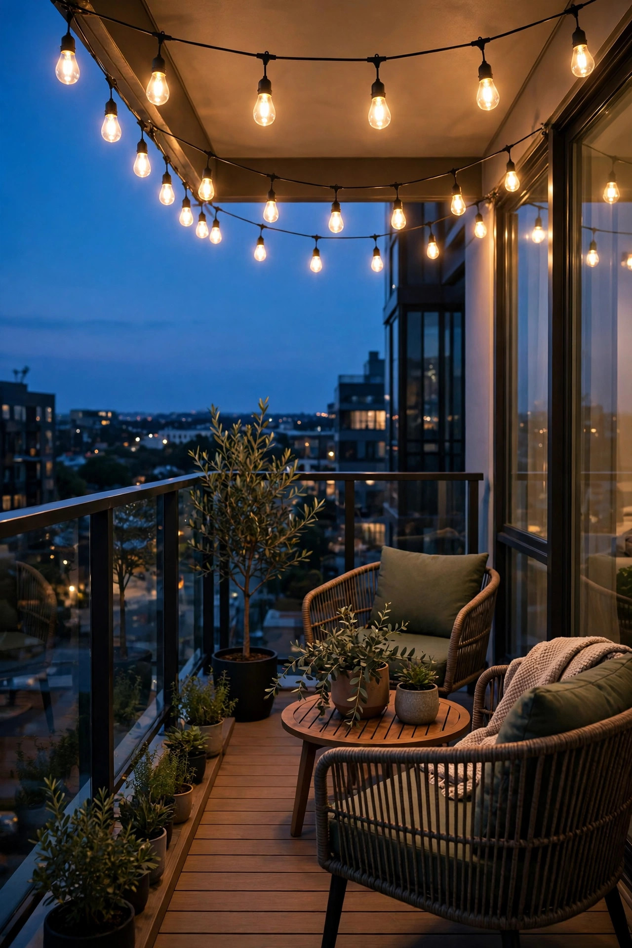 Warm white 2700K bulbs glowing consistently across a condo balcony at dusk, cozy and uniform
