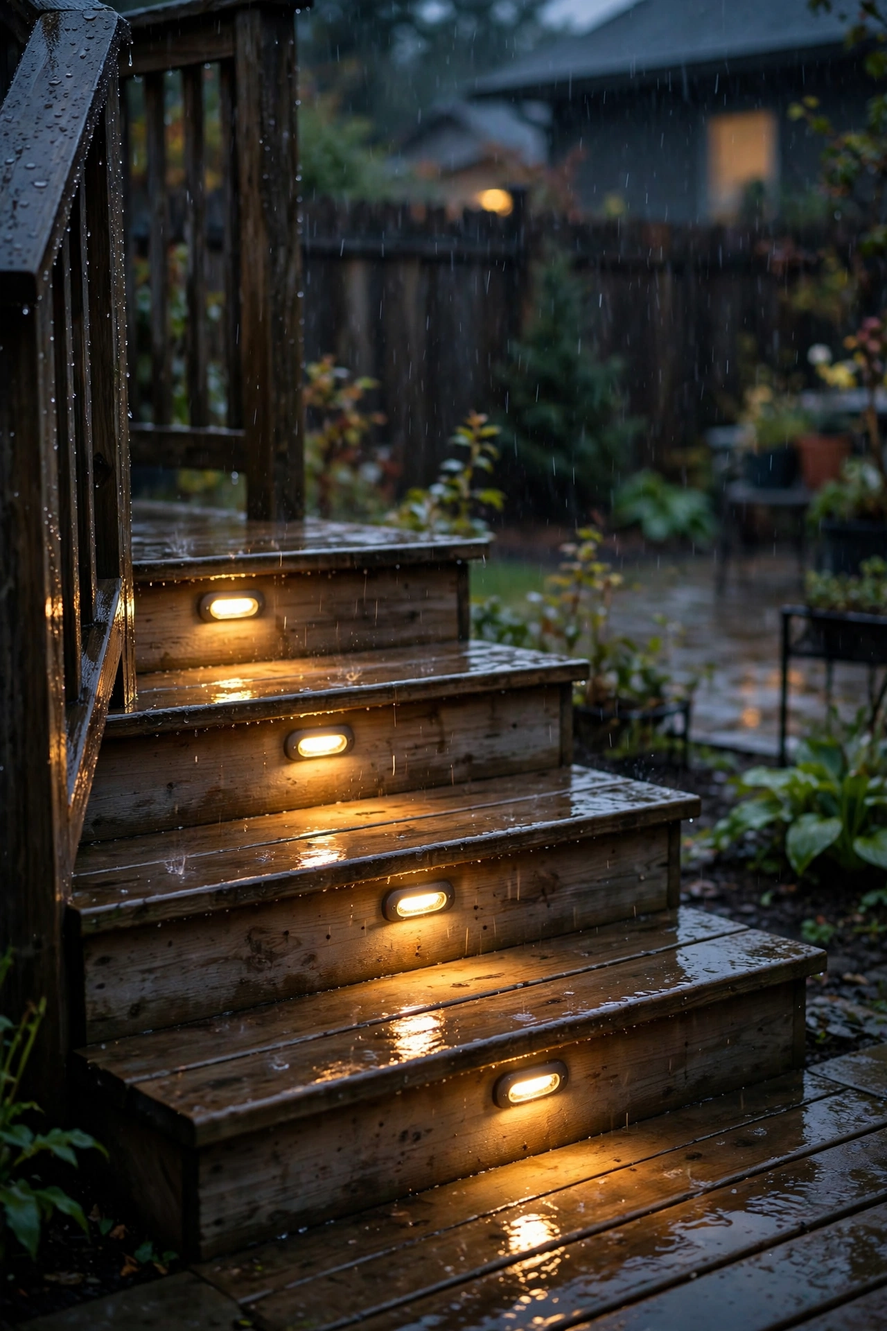 Weatherproof IP65 rated deck stair lights installed in rain