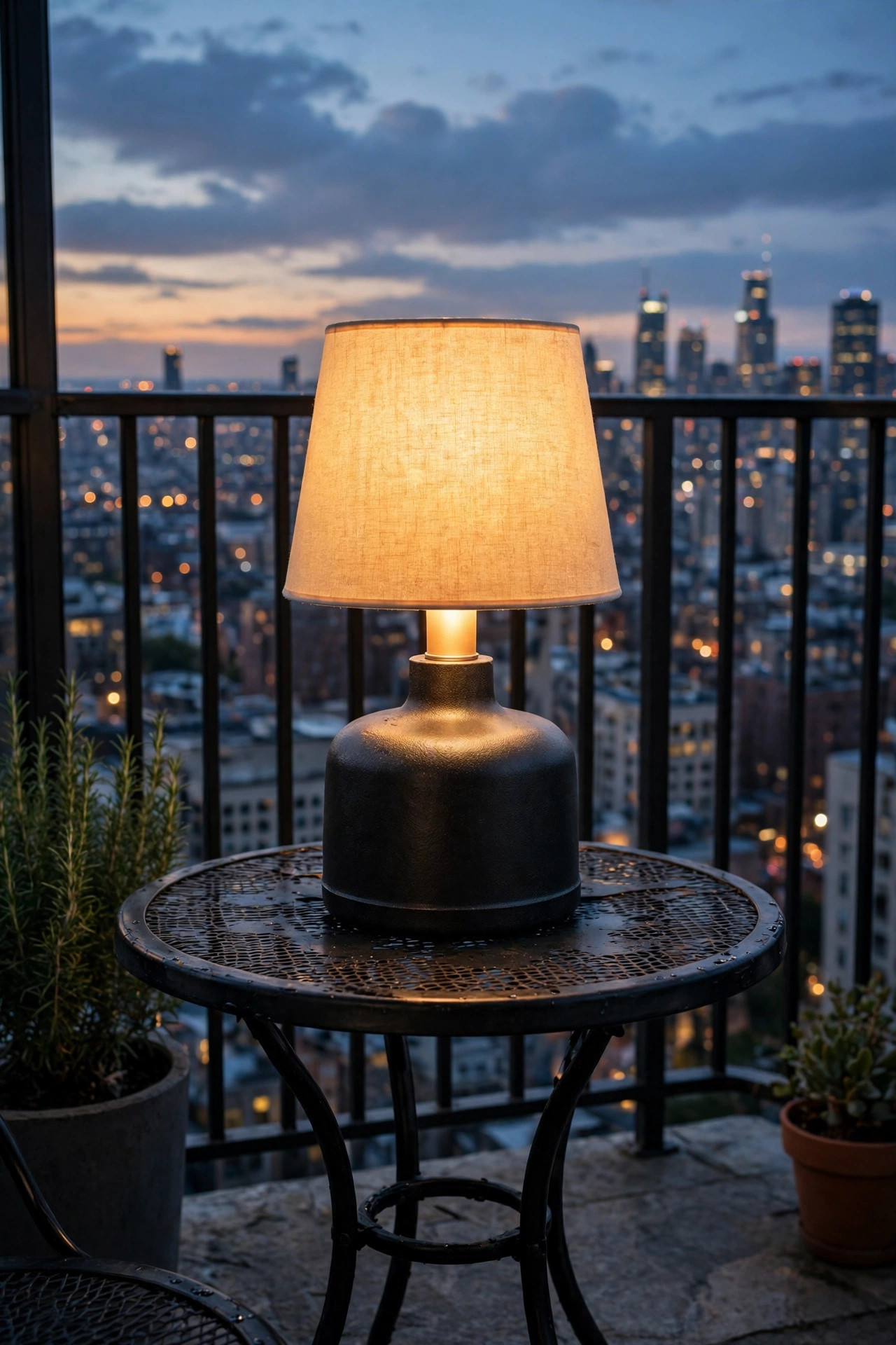 Rechargeable outdoor table lamp with a heavy weighted base glowing warmly in the center of a high-rise balcony bistro table at dusk