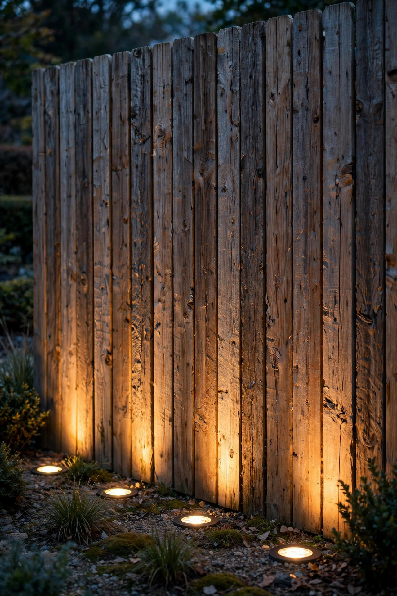 In-ground well lights grazing warm light up the textured boards of a wooden privacy fence